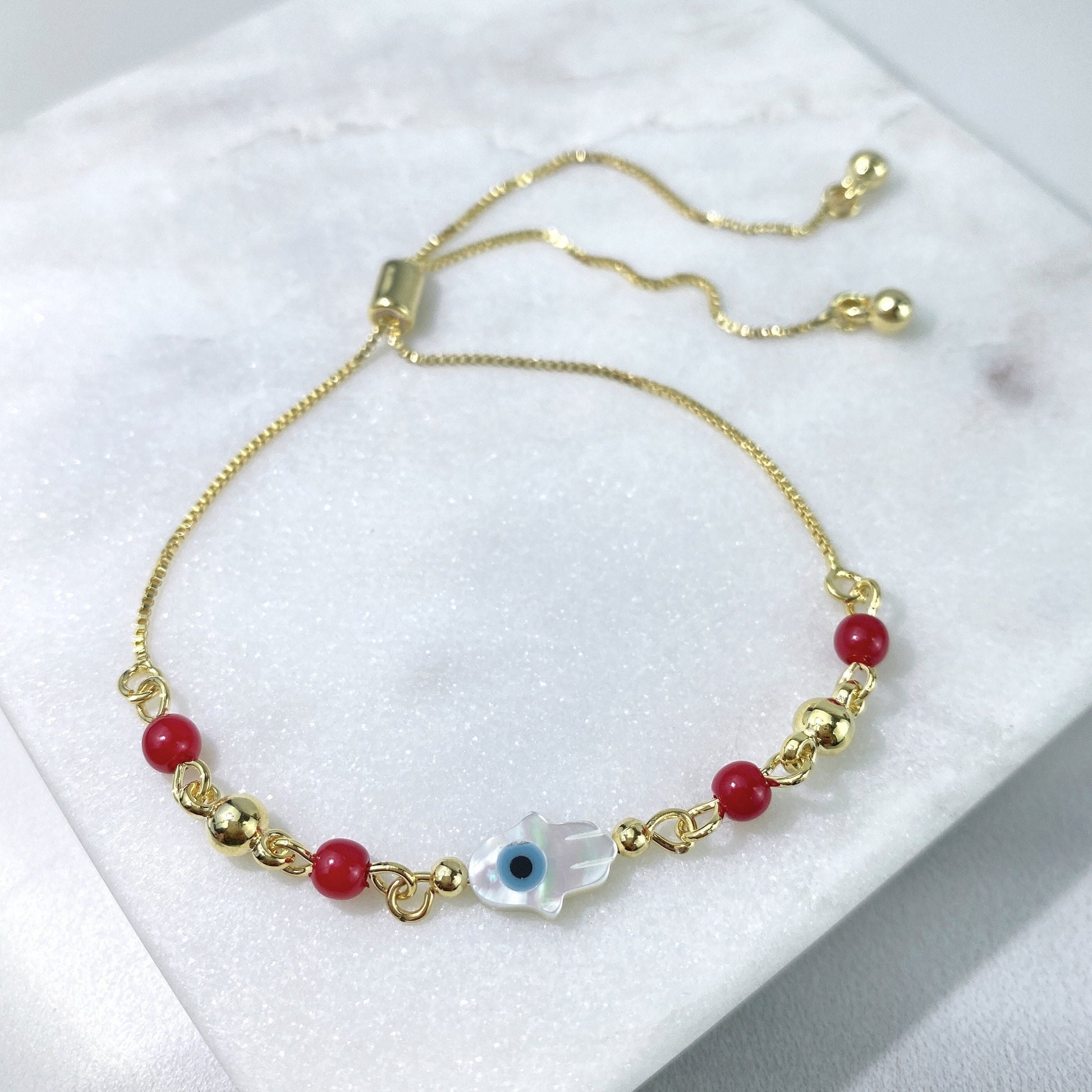 18k Gold Filled 1mm Box Chain, Red & Gold Beads, Blue Evil Eye Hamsa Hand, Adjustable Bracelet, Wholesale Jewelry Making Supplies