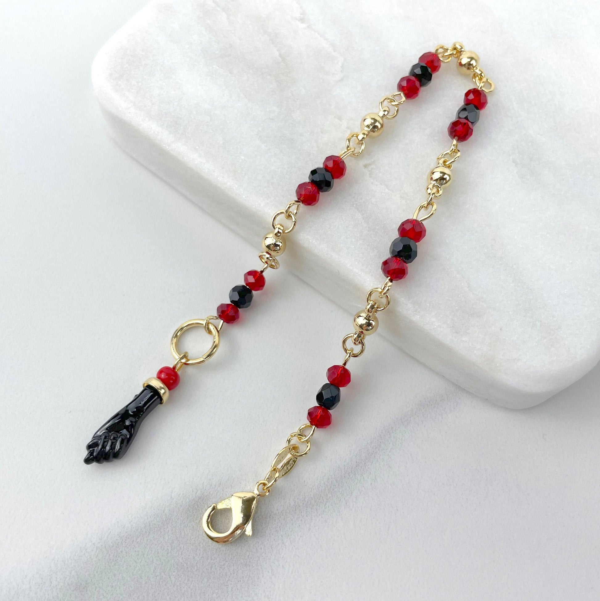 18k Gold Filled Red, Black & Gold Beads, Simulated Azabache, Figa Hand Charms Bracelet, Lucky Protection, Wholesale Jewelry Making Supplies