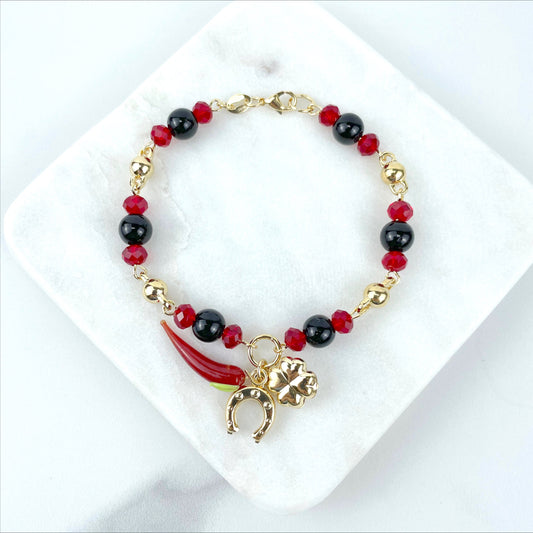 18k Gold Filled Black, Red & Gold  Beads, Chili, Clover, Horseshoe Charms Bracelet, Lucy Protection, Wholesale Jewelry Making Supplies