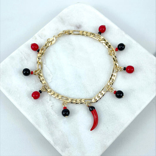 18k Gold Filled Flat Figaro Link 5mm, Black and Red Beads, Red Chili Charms Bracelet, Lucky & Protection, Wholesale Jewelry Making Supplies
