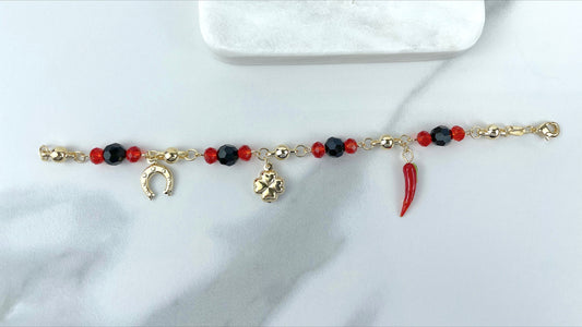 18k Gold Filled Black, Red and Gold Beads, Simulated Azabache, Clover, Horseshoe, Chili Charms Bracelet Wholesale Jewelry Making Supplies