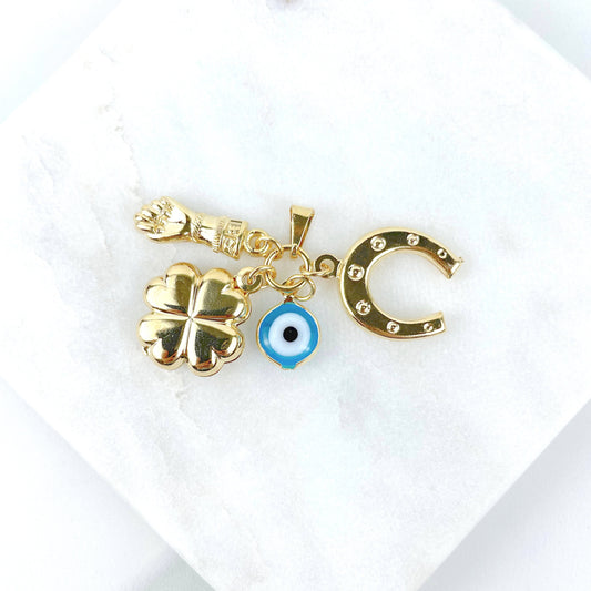 18k Gold Filled Figa Hand, Clover, Horseshoes, Evil Eye, Greek Eye Charm Pendant, Lucky Protection, Wholesale Jewelry Making Supplies
