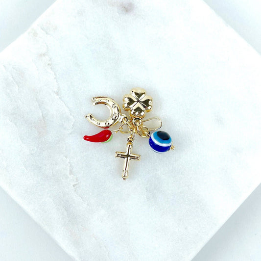 18k Gold Filled Clover, Evil Eyes, Horseshoe, Red Chili & Cross Charms, Lucky Protection, Wholesale Jewelry Making Supplies