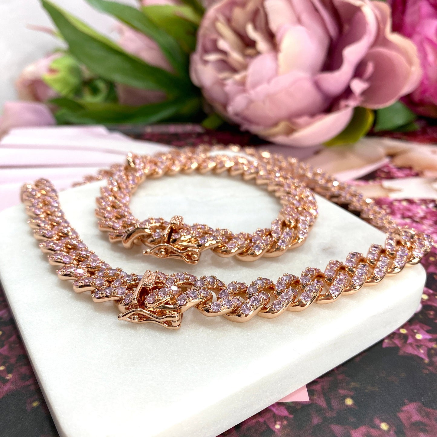 14K Rose Gold Filled 10mm Iced Miami Cuban Chain Featuring Double Safety Lock Box Cubic Zirconia, Chain or Bracelet, Wholesale Jewelry