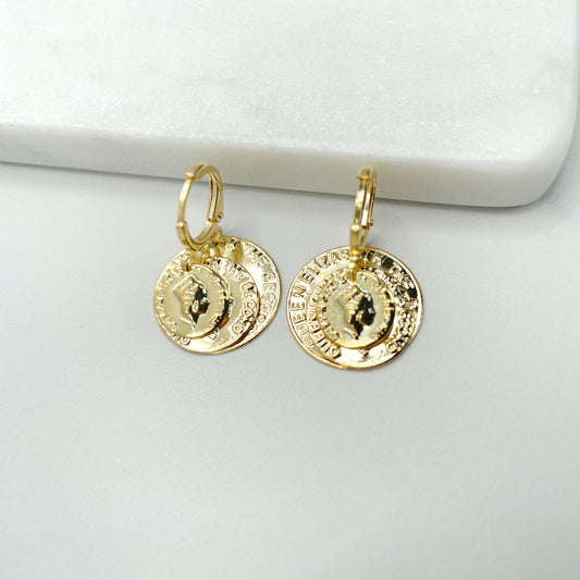 18k Gold Filled Three Layers Coins, The Second Queen Elizabeth, Woman Crown, Dangle Earrings, Wholesale Jewelry Making Supplies
