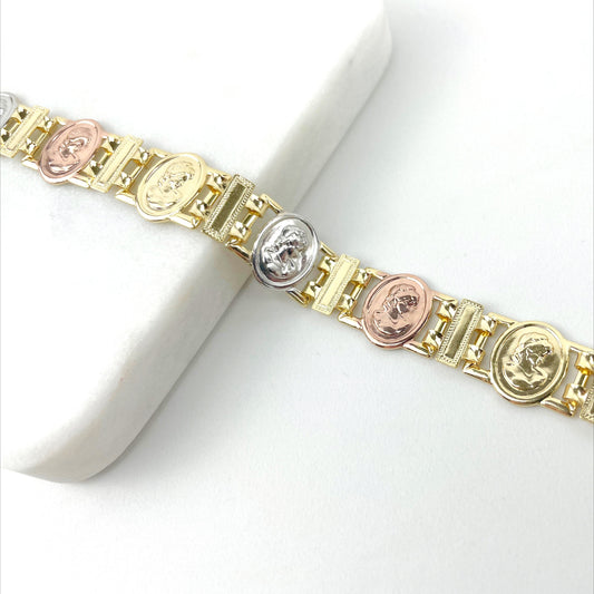 18k Gold Filled Three Tone Woman Face, Cameo Medal Vintage Style Linked Bracelet, Wholesale Jewelry Making Supplies