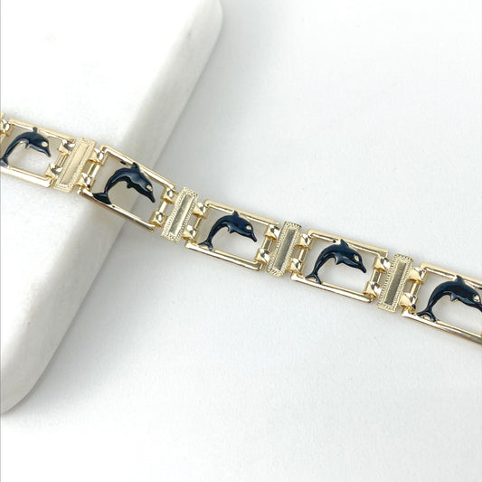 18k Gold Filled Rectangular Cutout Links with Black Enamel Dolphins, Linked Bracelet, Wholesale Jewelry Making Supplies