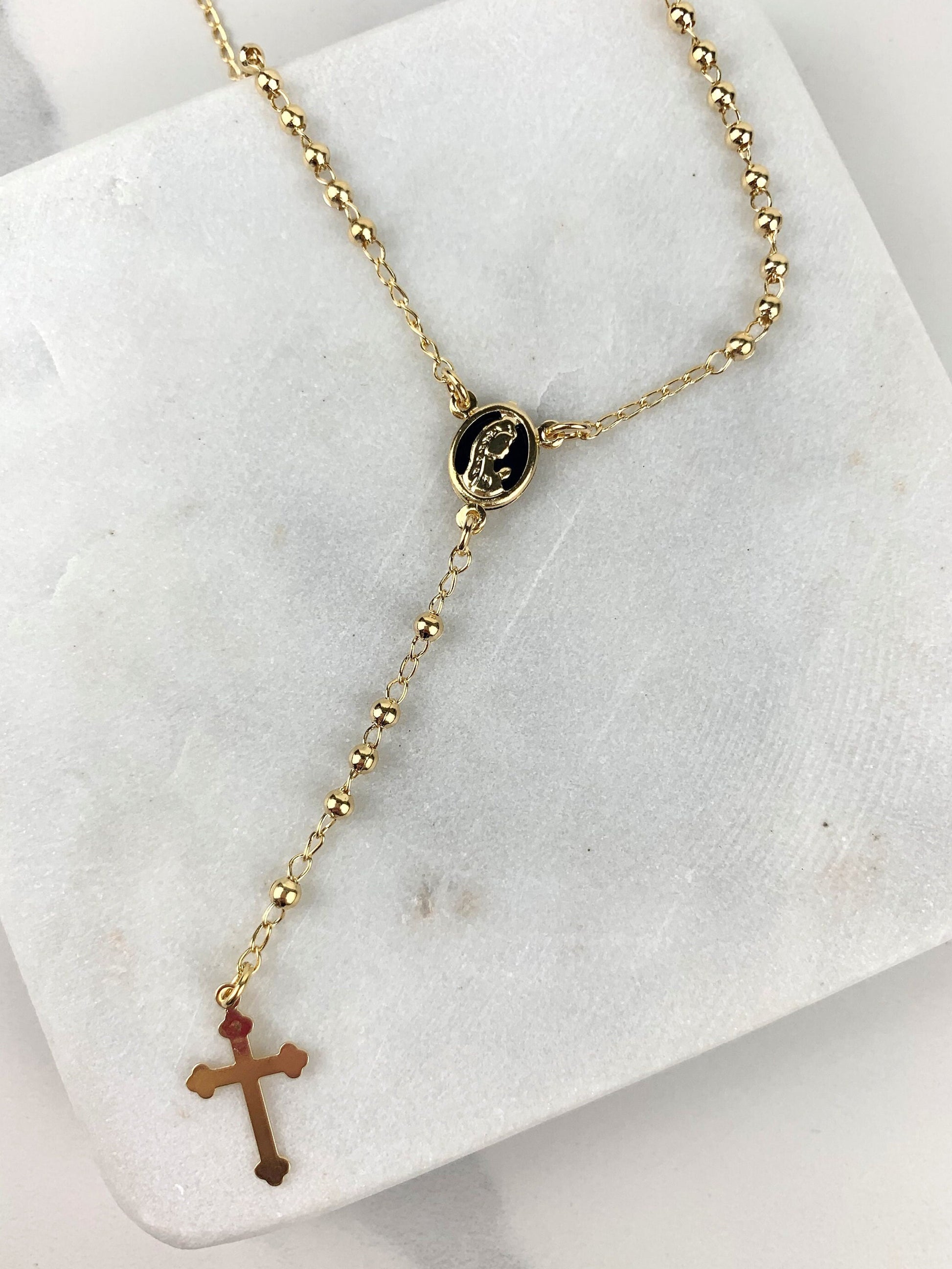 18k Gold Filled Beaded Chain Virgin Mary, Ave Maria Rosary