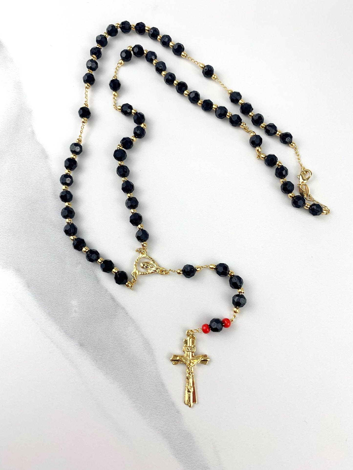 18k Gold Filled Black Red Beads Simulated Azabache Virgin Mary, Ave Maria Beaded Rosary Necklace Bracelet, Religious Wholesale Jewelry