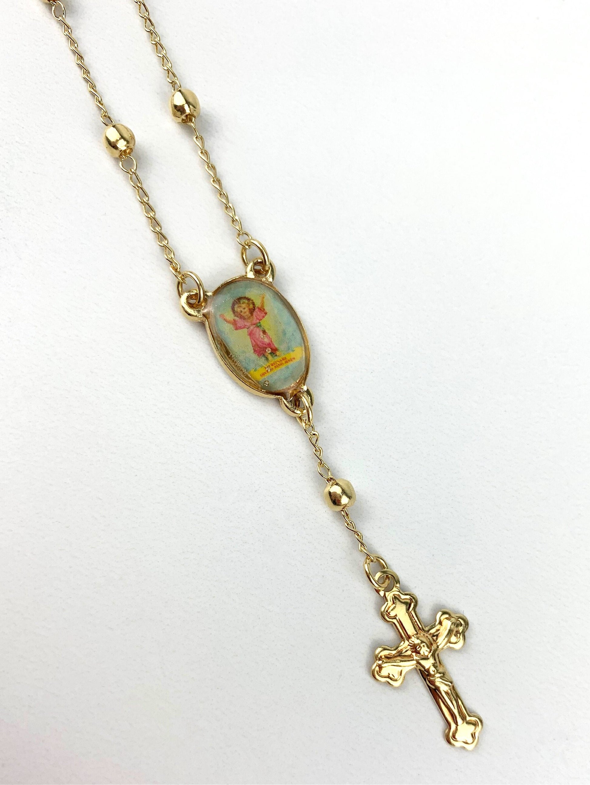 18k Gold Filled Chain & Gold Beads Divine Child, Divino Nino or Our Lady of Guadalupe Rosary Necklace, Wholesale Jewelry Making Supplies