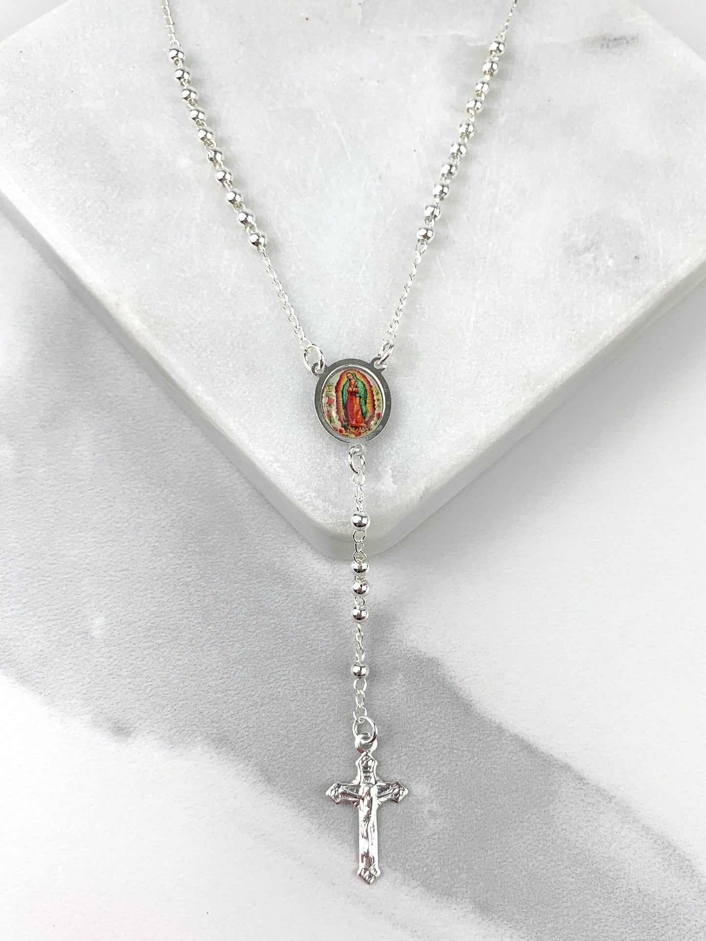 Silver Filled Beaded Chain Our Lady of Guadalupe Rosary Necklace, Religious Jewelry, Wholesale Jewelry Making Supplies