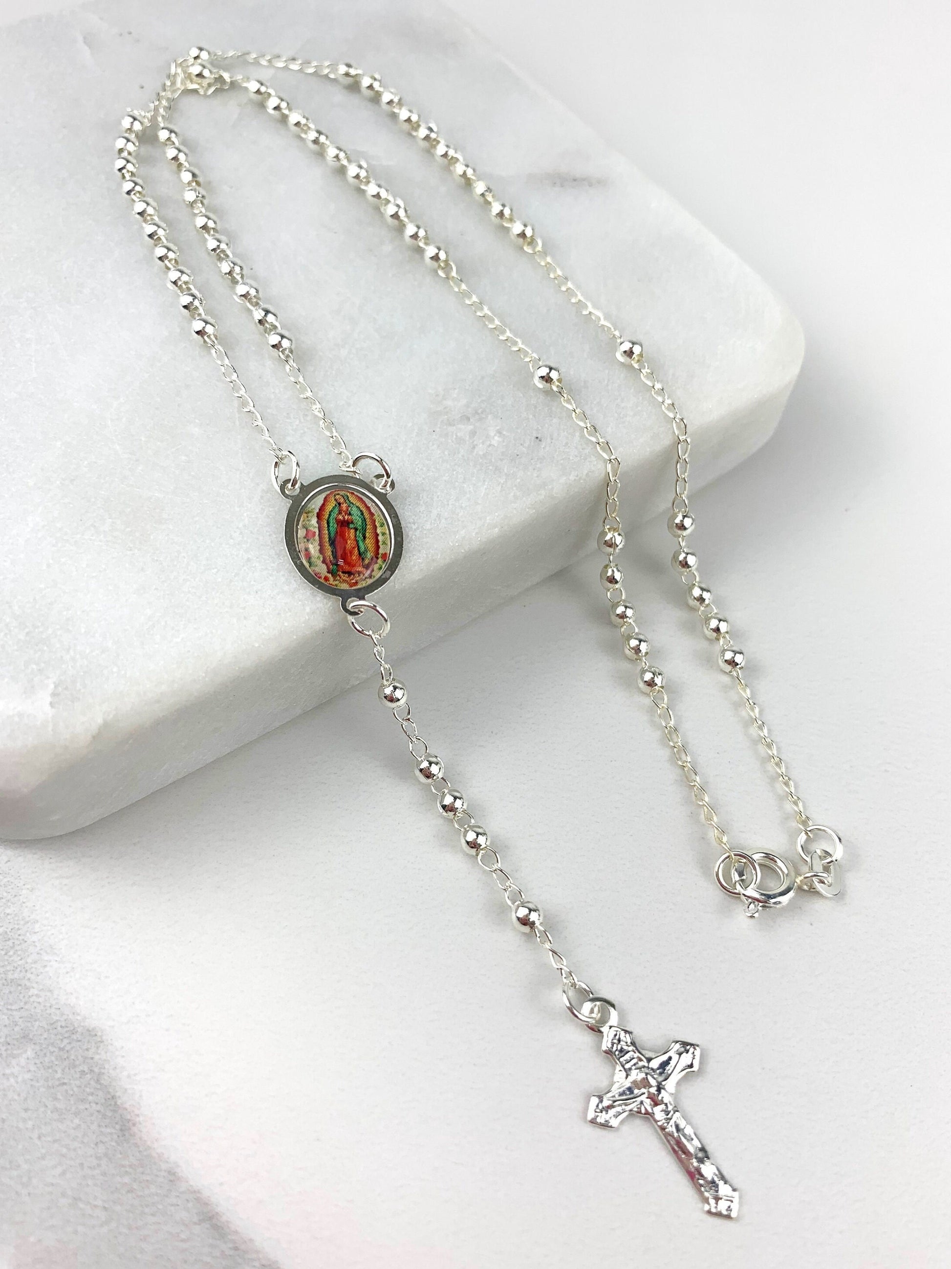 Silver Filled Beaded Chain Our Lady of Guadalupe Rosary Necklace, Religious Jewelry, Wholesale Jewelry Making Supplies