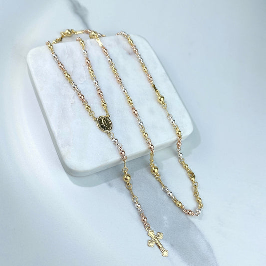 18k Gold Filled Beaded Chain Three Tone Beads La Milagrosa, Miraculous Virgin Rosary Necklace, Religious Jewelry, Wholesale Jewelry Supplies