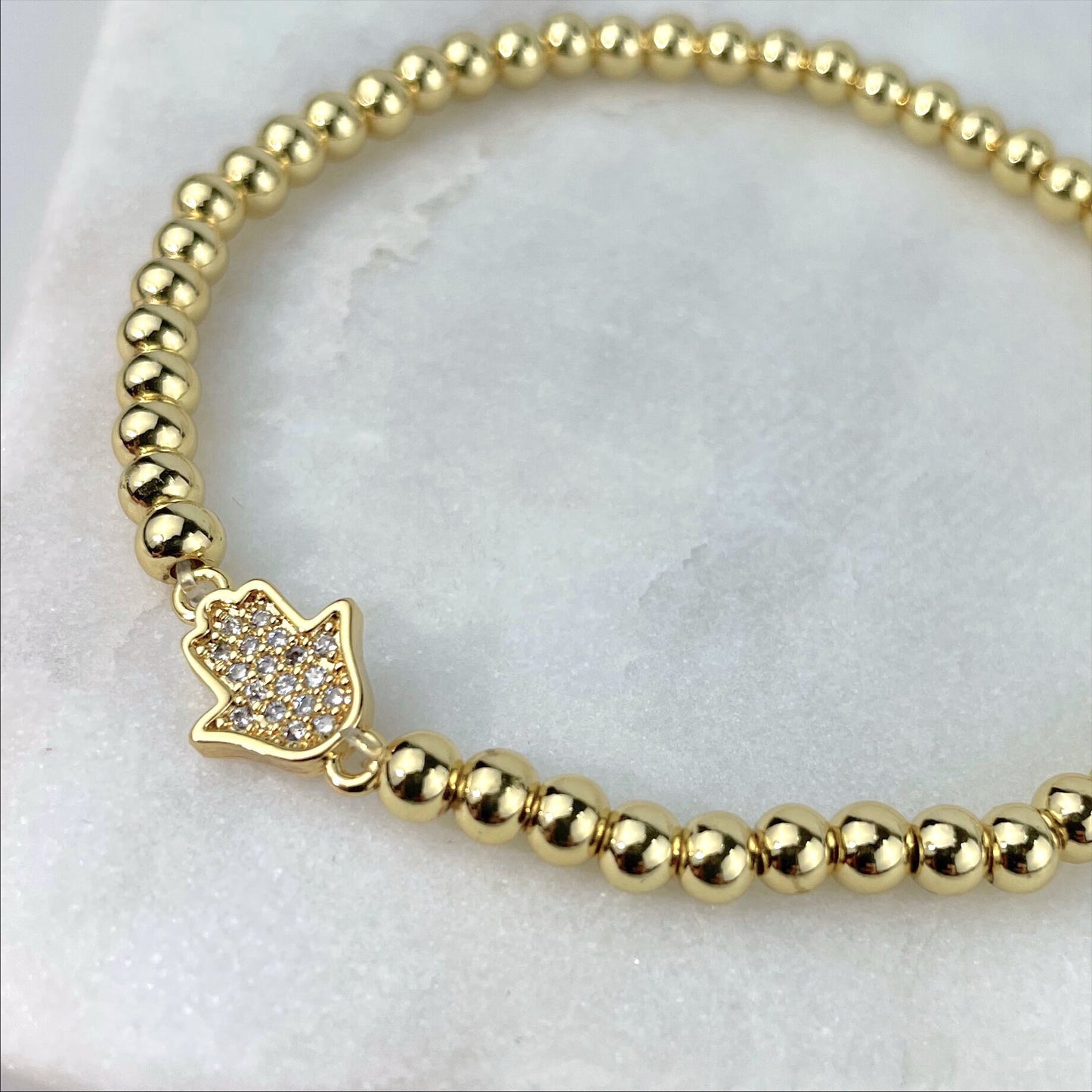 18k Gold Filled 4mm Beaded Bracelet with Clear Micro Cubic Zirconia Hamsa Hand Charm, Wholesale Jewelry Making Supplies