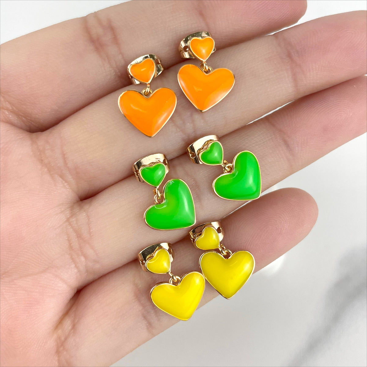 18k Gold Filled Colored Enamel Orange, Green or Yellow Hearts Earrings, Fashion Earrings, Wholesale Jewelry Making Supplies
