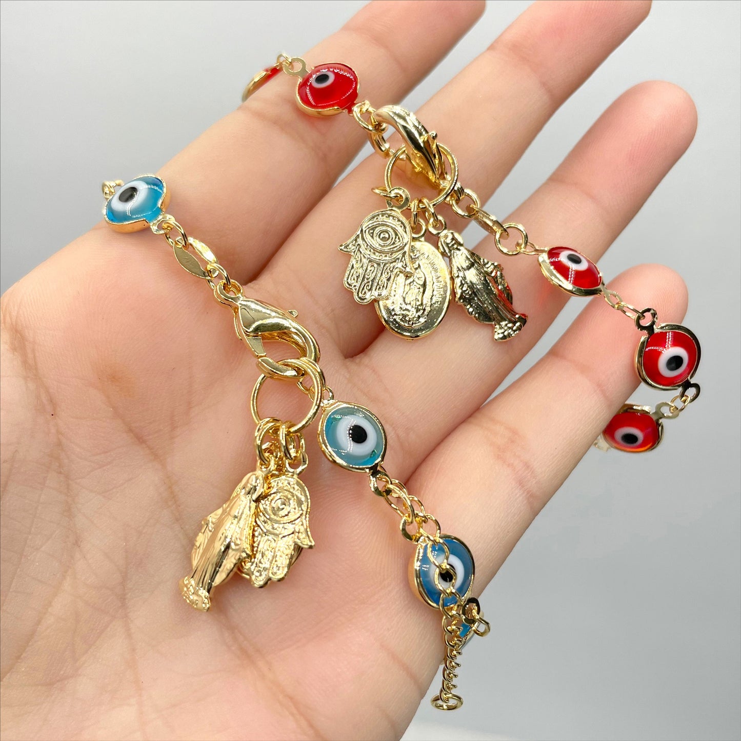 18k Gold Filled Red or Blue Evil Eyes Linked with Hamsa Hand, La Milagrosa, Virgen Guadalupe Charms Wholesale Jewelry Making Supplies