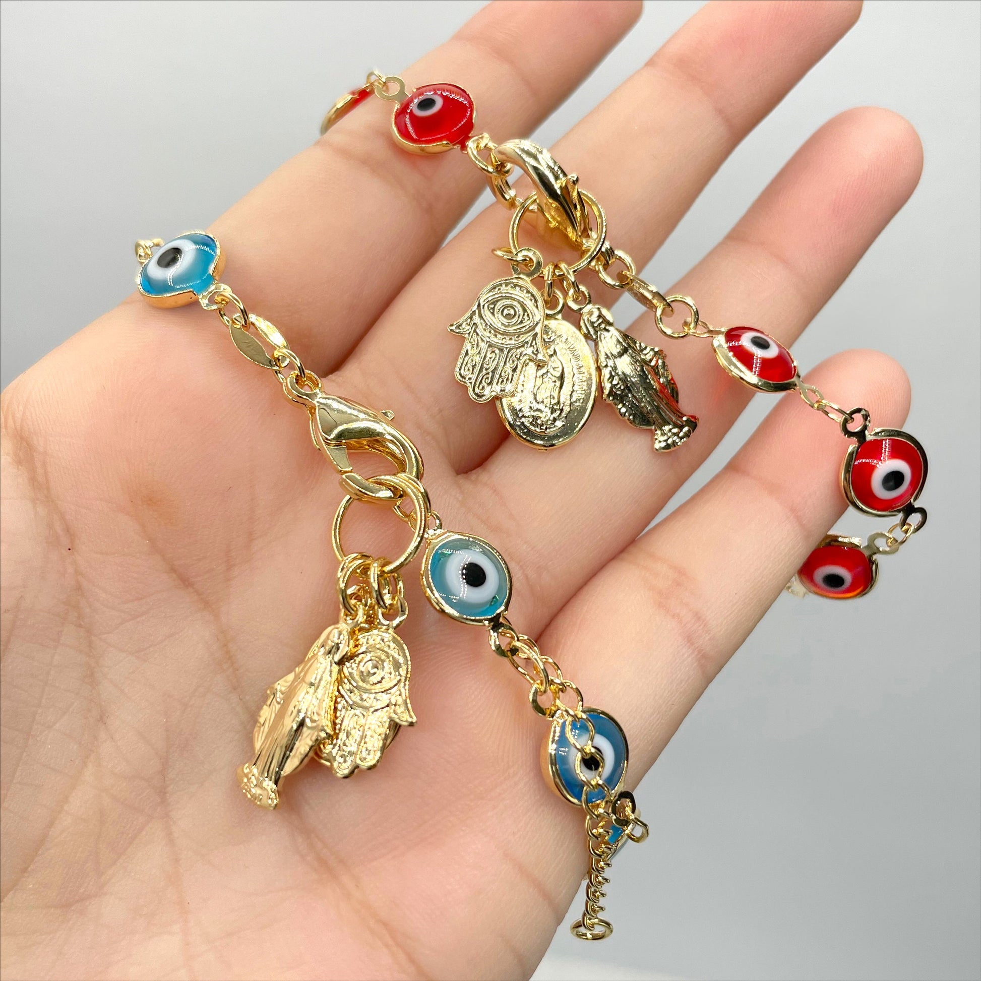 18k Gold Filled Red or Blue Evil Eyes Linked with Hamsa Hand, La Milagrosa, Virgen Guadalupe Charms Wholesale Jewelry Making Supplies