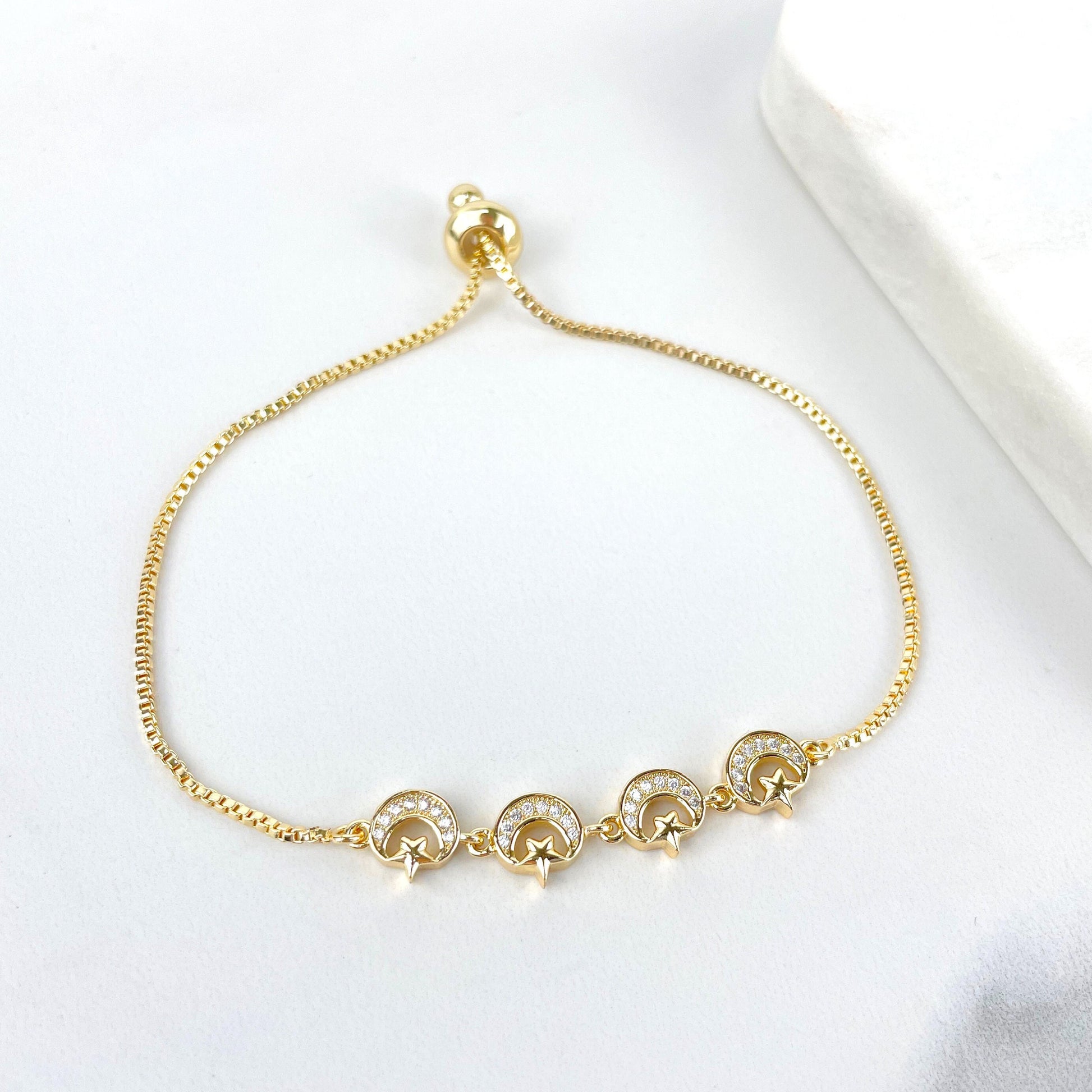 18k Gold Filled 1mm Box Chain, Micro Pave, Cubic Zirconia, Moon and Bright Star Charms, Adjustable Bracelet, Wholesale Jewelry Supplies