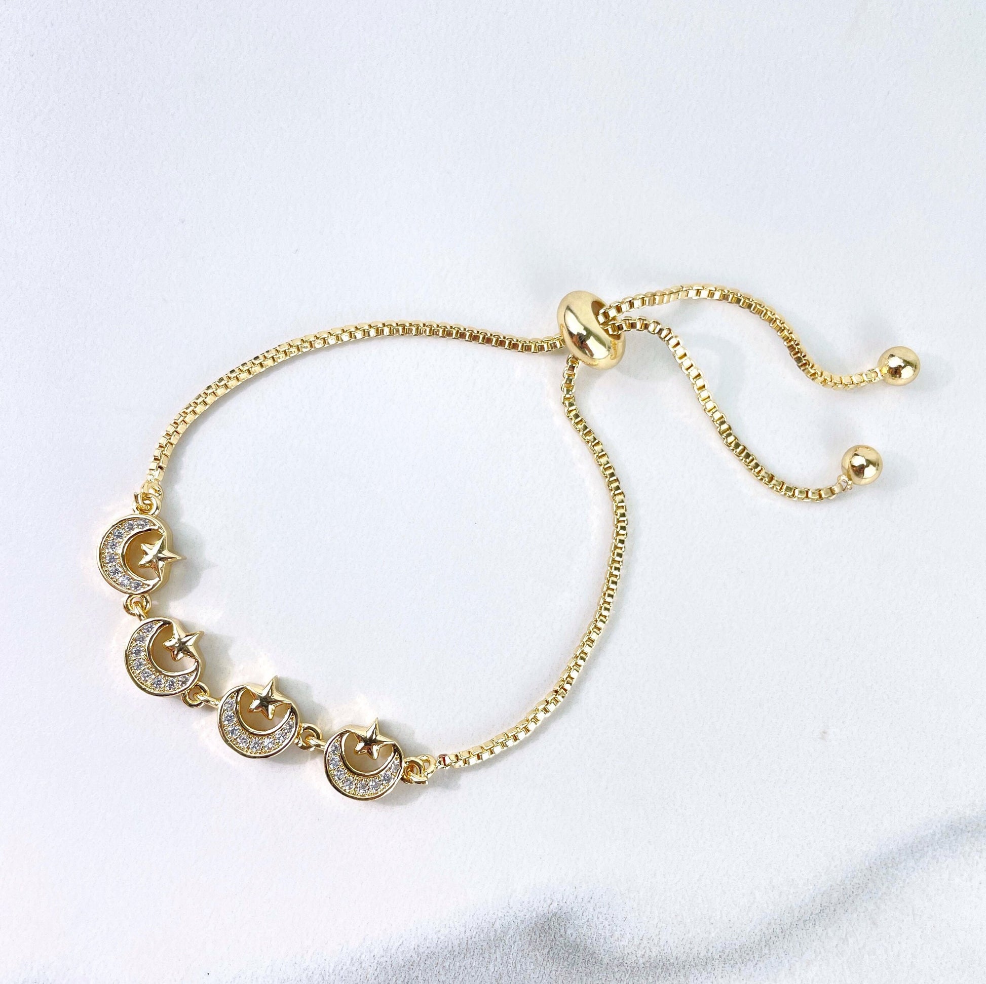 18k Gold Filled 1mm Box Chain, Micro Pave, Cubic Zirconia, Moon and Bright Star Charms, Adjustable Bracelet, Wholesale Jewelry Supplies