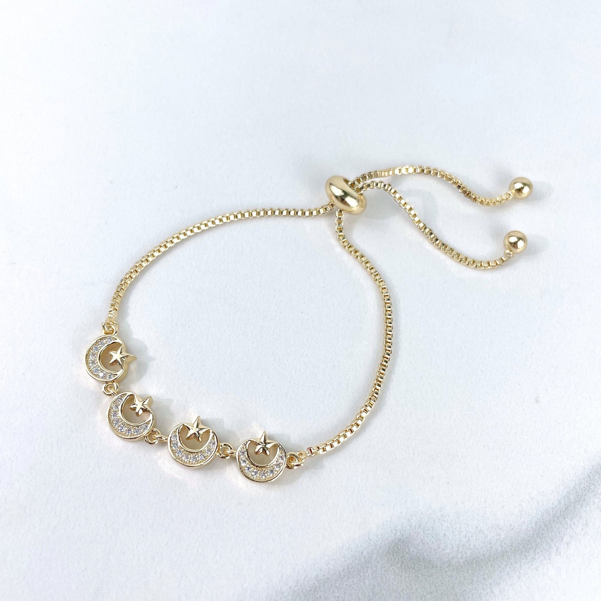 18k Gold Filled 1mm Box Chain, Micro Pave, Cubic Zirconia, Moon and Bright Star Charms, Adjustable Bracelet, Wholesale Jewelry Supplies