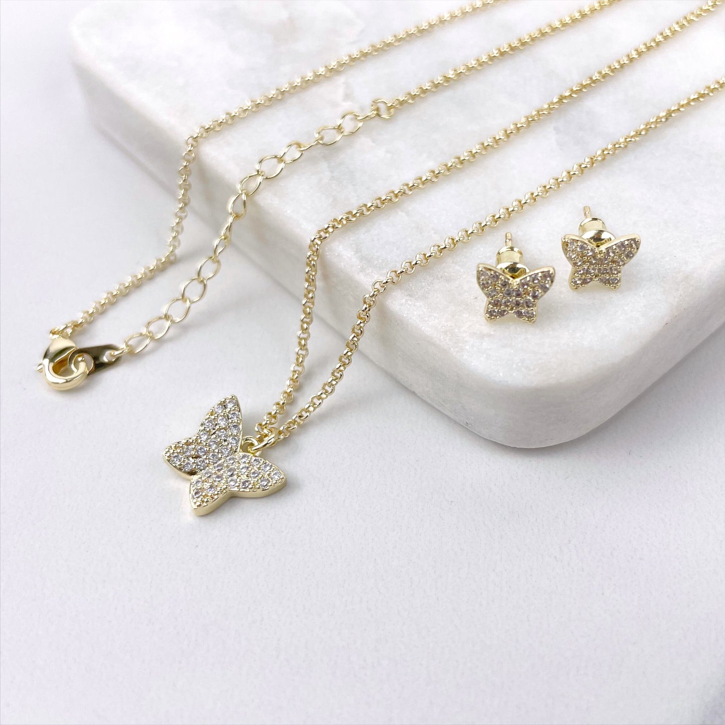 18k Gold Filled 1.6mm Cable Chain Necklace with Cubic Zirconia Petite Butterfly Shape Pendant & Stud Earrings Set Wholesale Jewelry Supplies