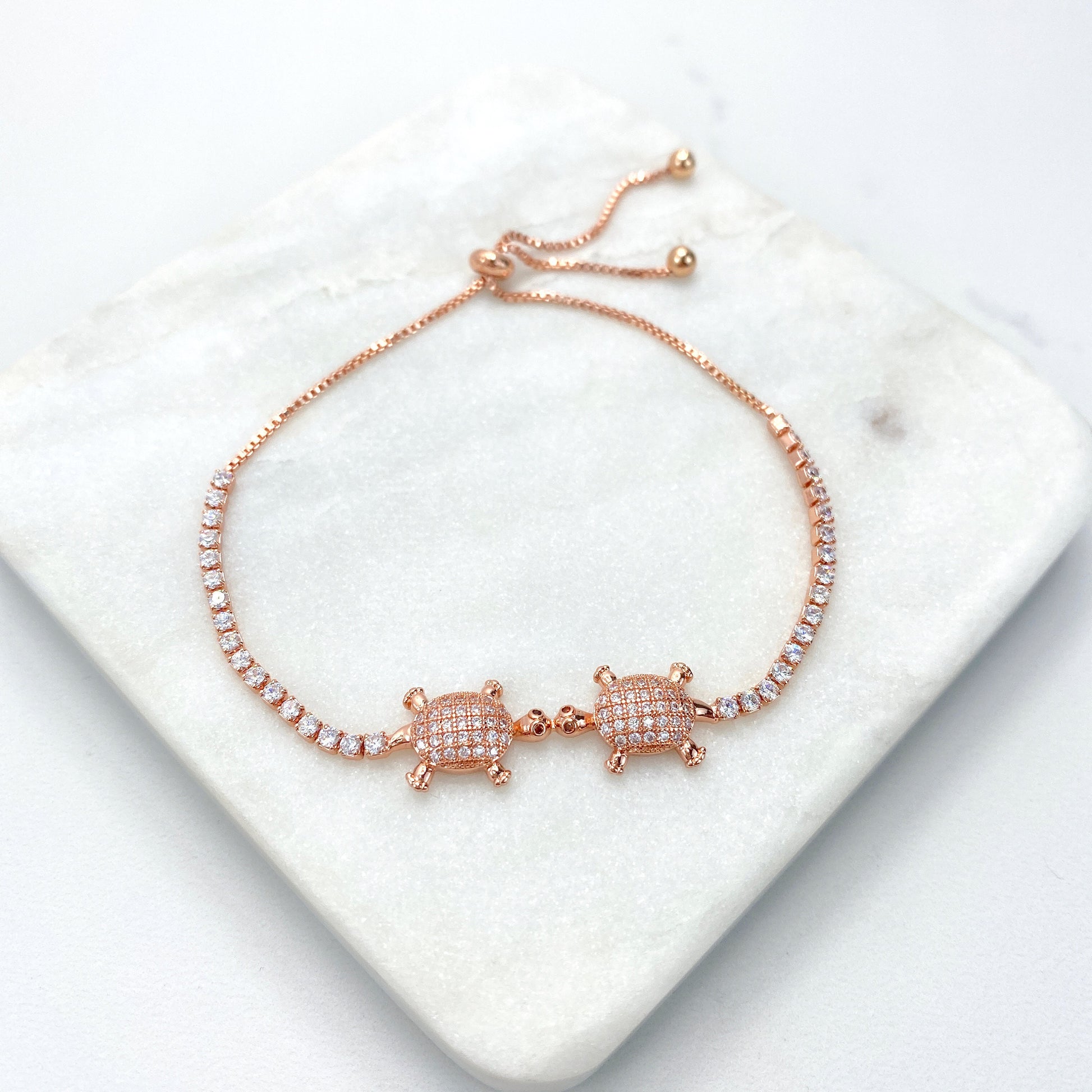 18k Gold Filled, 1mm Box Chain Cutie Petite Kissing Turtles, Gold, Rose Gold or Silver Adjustable Bracelet Wholesale Jewelry Supplies