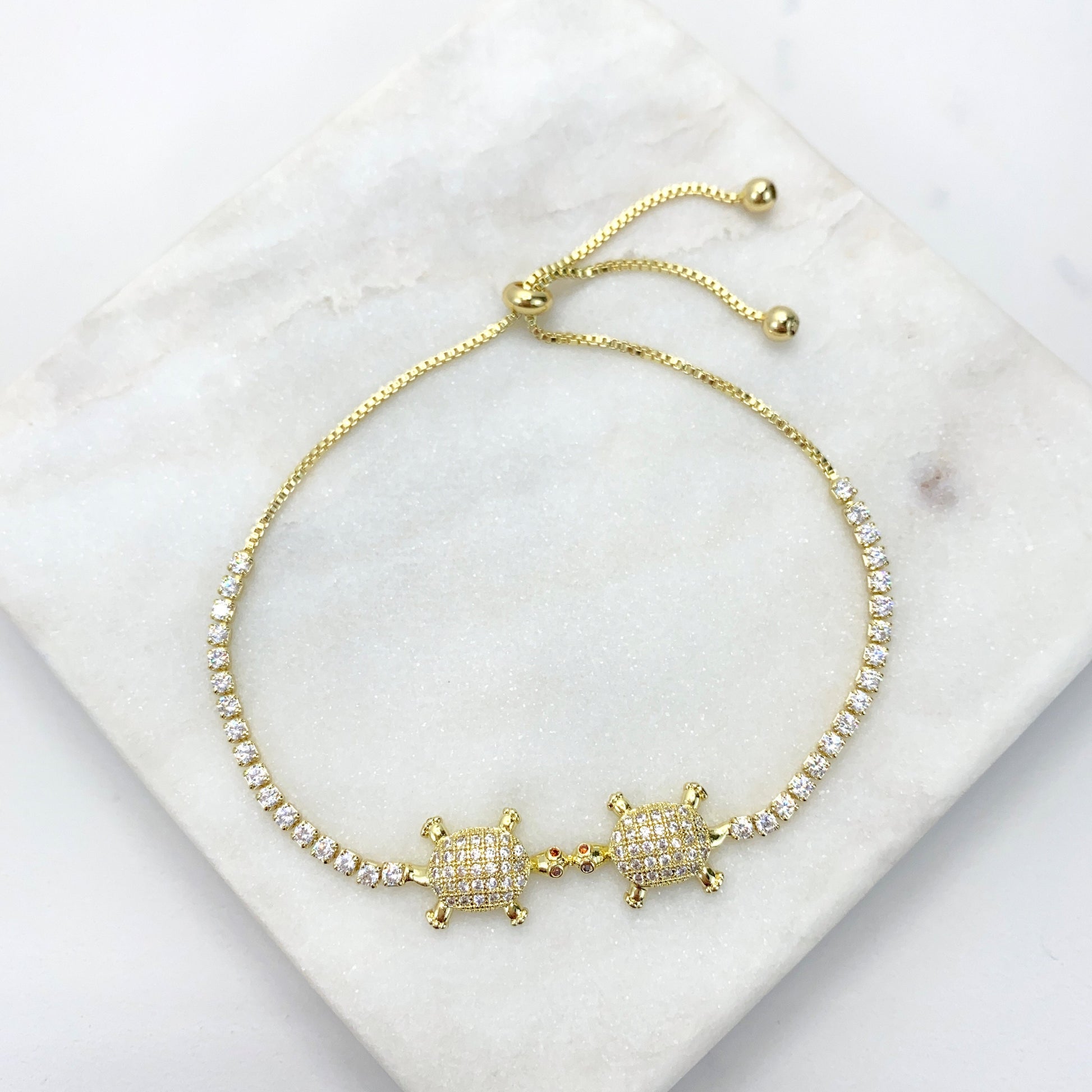 18k Gold Filled, 1mm Box Chain Cutie Petite Kissing Turtles, Gold, Rose Gold or Silver Adjustable Bracelet Wholesale Jewelry Supplies