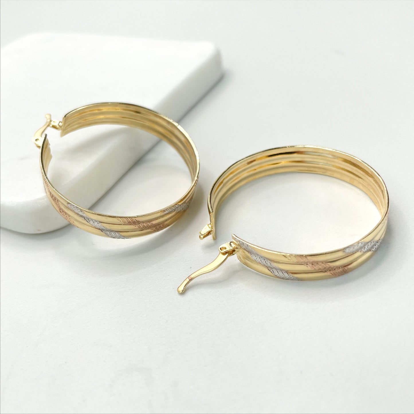 18k White or Gold Filled Two Tone Texturized 37mm x 42mm Hoop Earrings Wholesale Jewelry Supplies