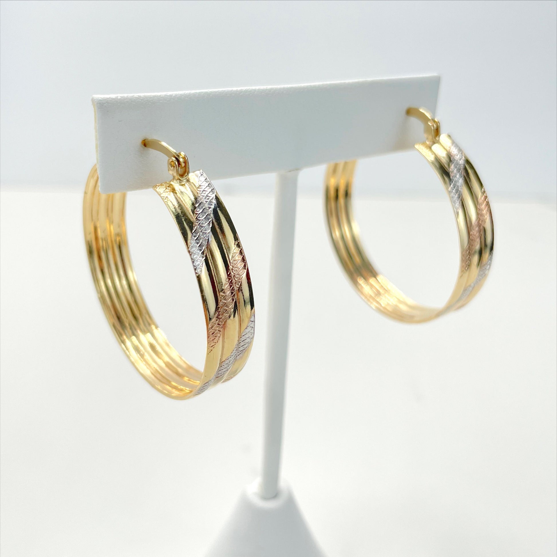 18k White or Gold Filled Two Tone Texturized 37mm x 42mm Hoop Earrings Wholesale Jewelry Supplies