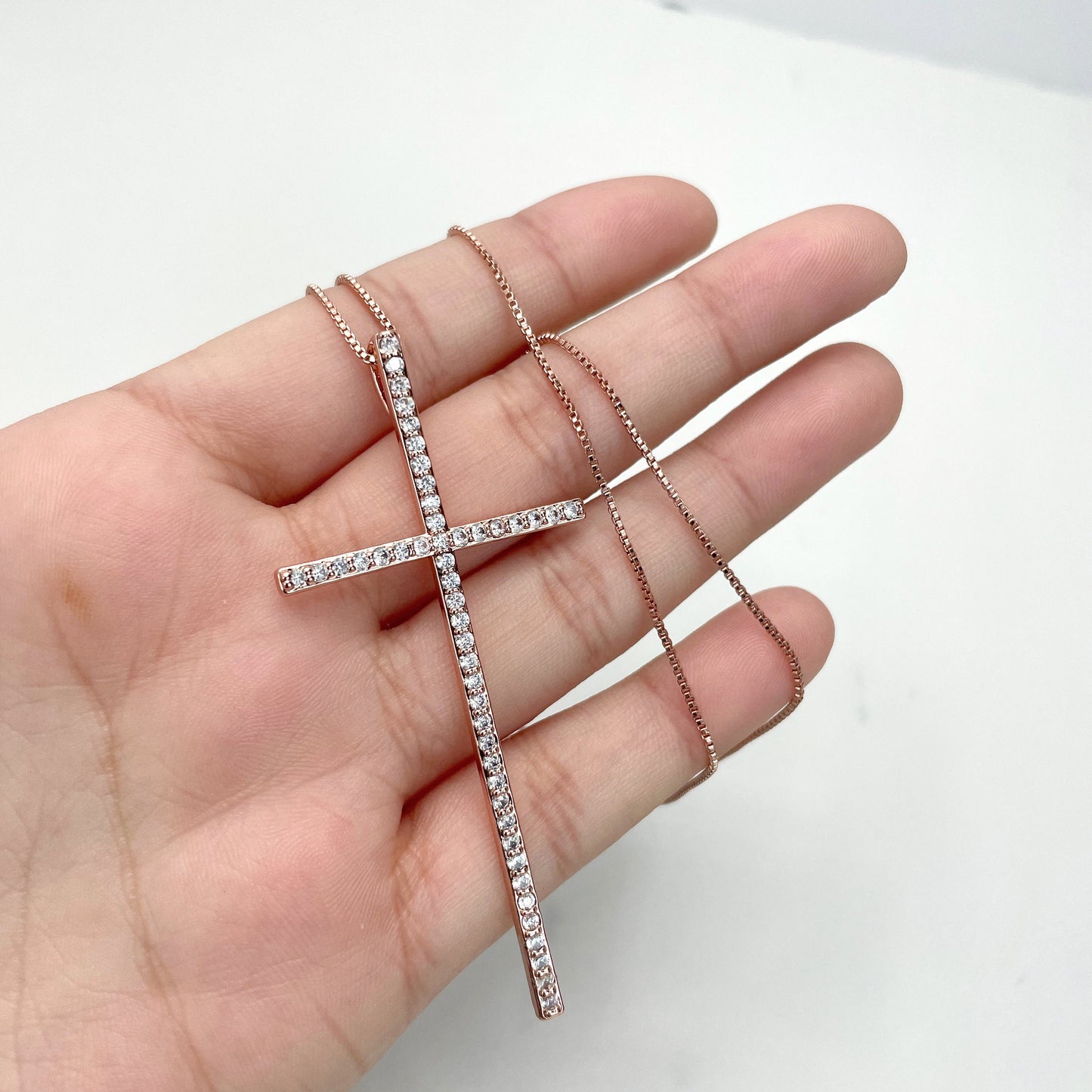 18k Rose Gold Filled 1mm Box Chain Necklace with Sparkling Cross Pendant Wholesale Jewelry Making Supplies