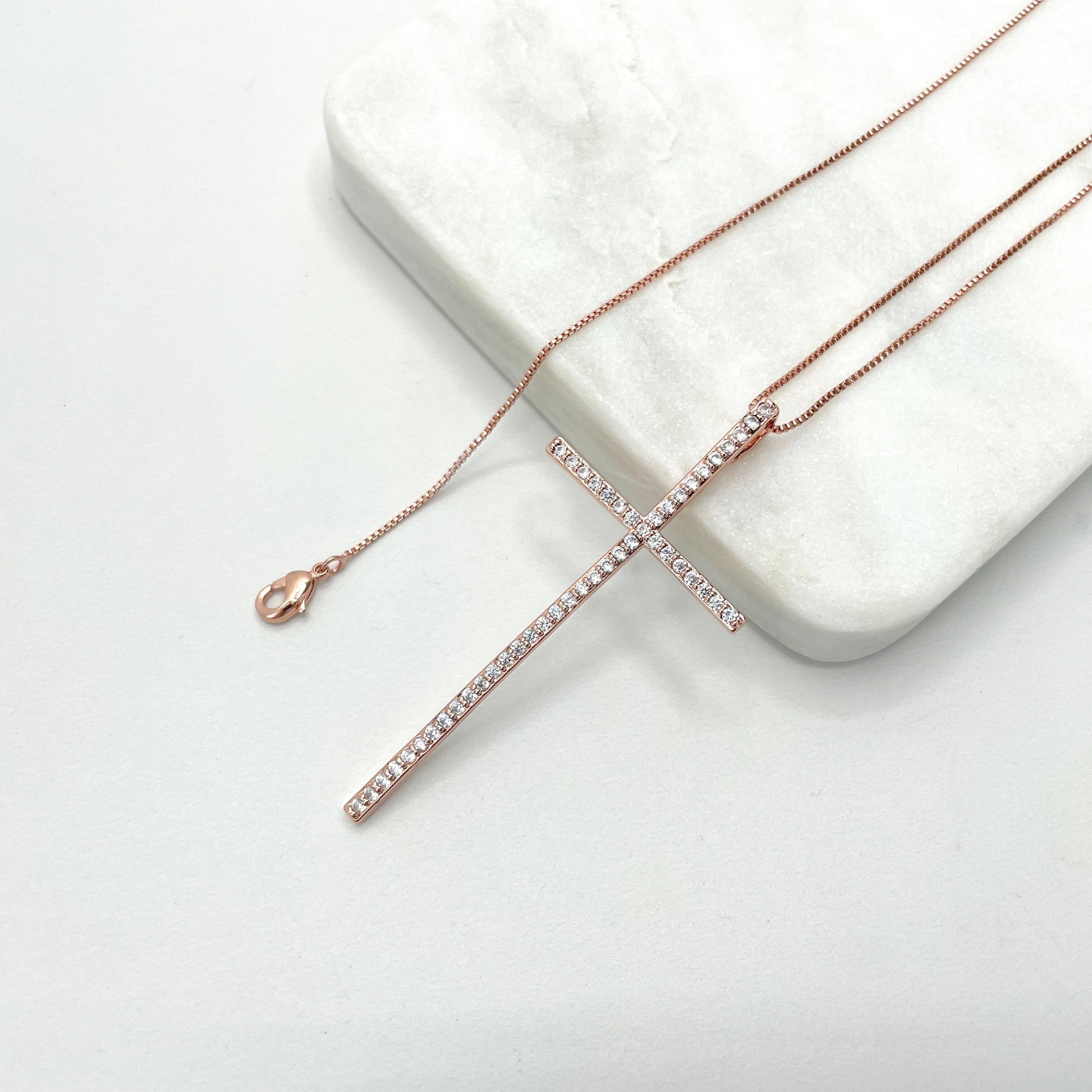 18k Rose Gold Filled 1mm Box Chain Necklace with Sparkling Cross Pendant Wholesale Jewelry Making Supplies