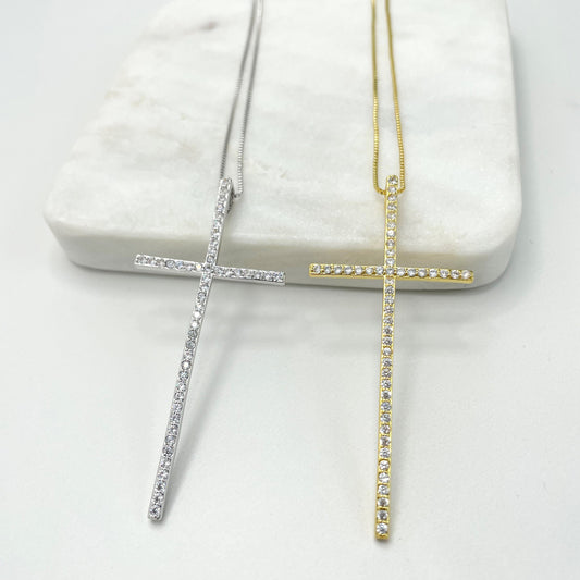18k Gold Filled or Silver Filled 1mm Box Chain Necklace with Clear Cubic Zirconia Sparkling Cross Pendant, Wholesale Jewelry Making Supplies