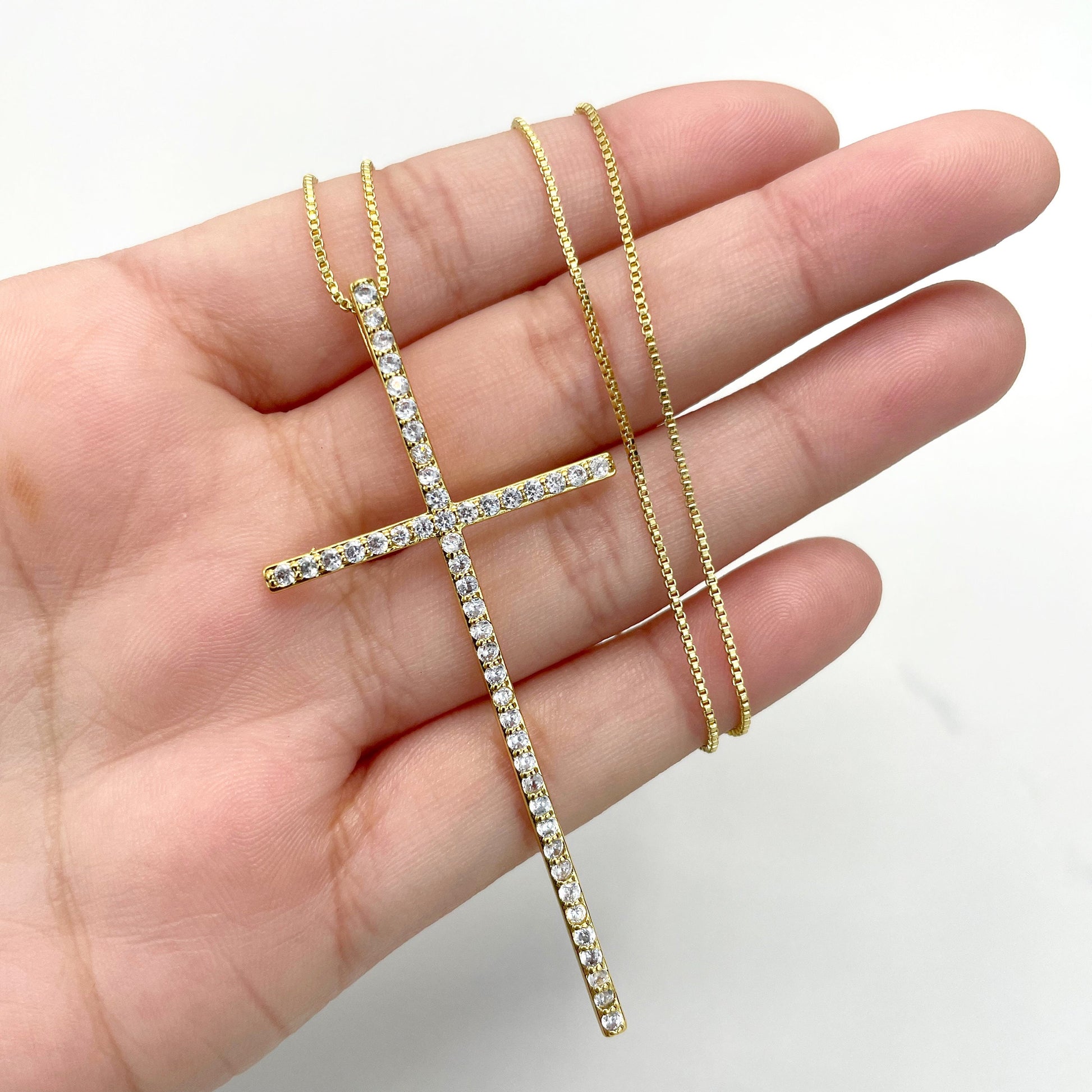18k Gold Filled or Silver Filled 1mm Box Chain Necklace with Clear Cubic Zirconia Sparkling Cross Pendant, Wholesale Jewelry Making Supplies