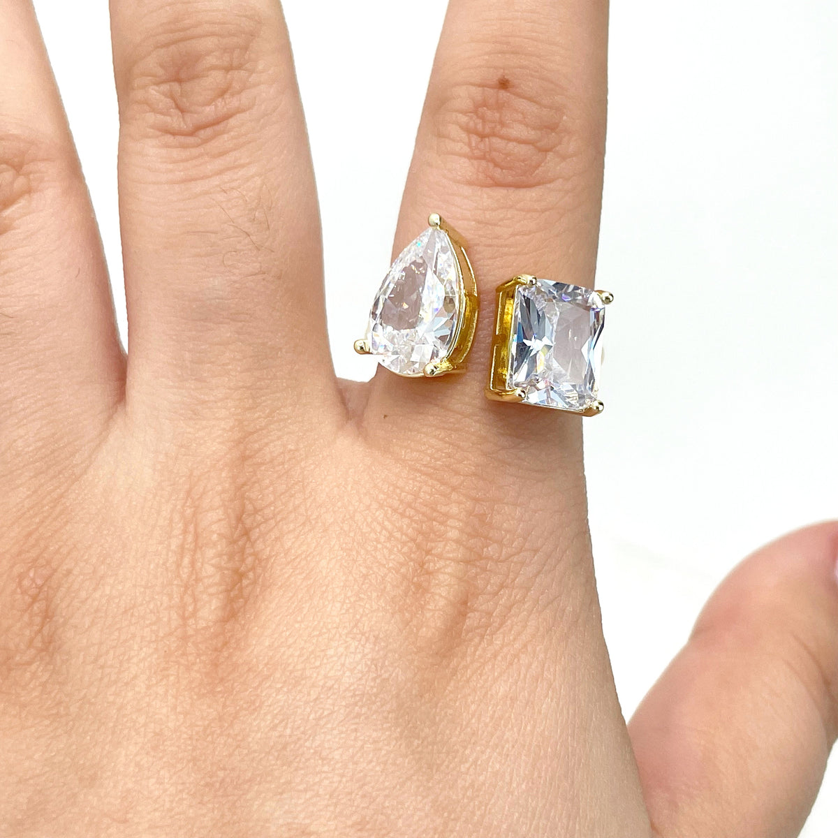 18k Gold Filled Adjustable Square & Drop Zirconia Ring Wholesale Jewelry Making Supplies