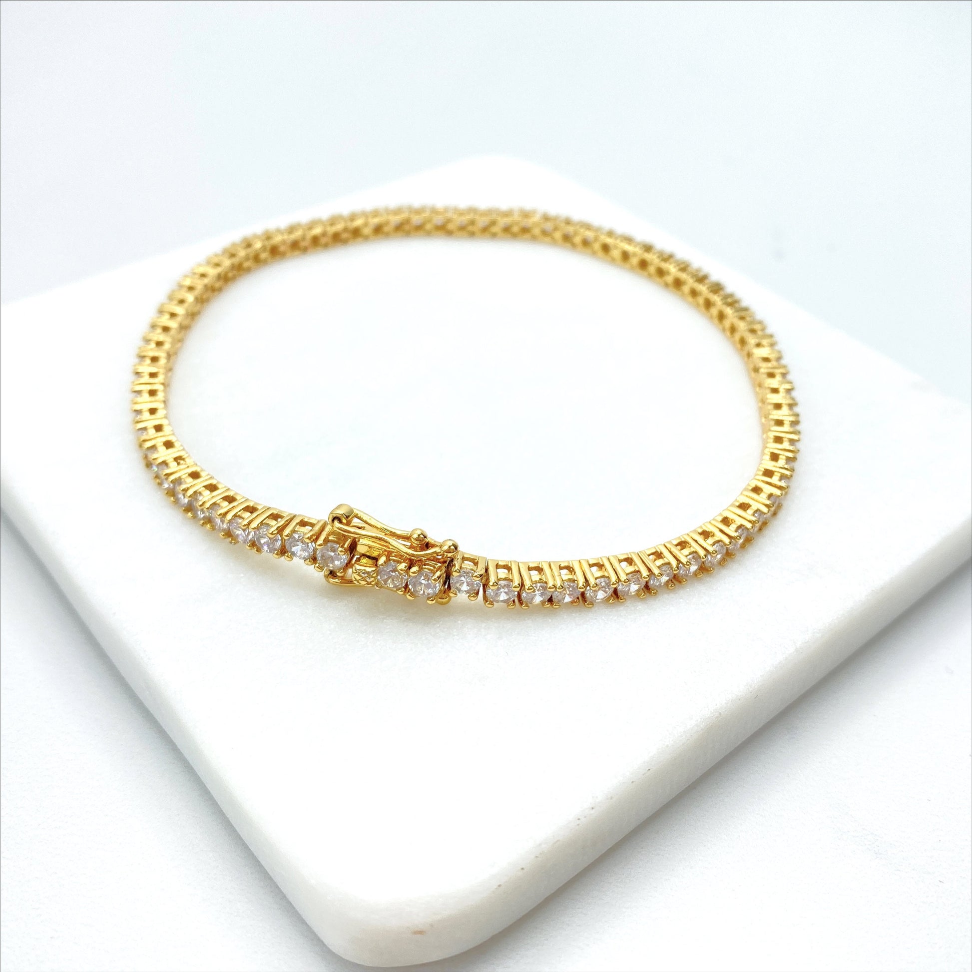 18k Gold Filled 4mm Cubic Zirconia Linked Chain, Double Safety Lock Box, 9 or 10 inches Anklet For Wholesale and Jewelry Supplies