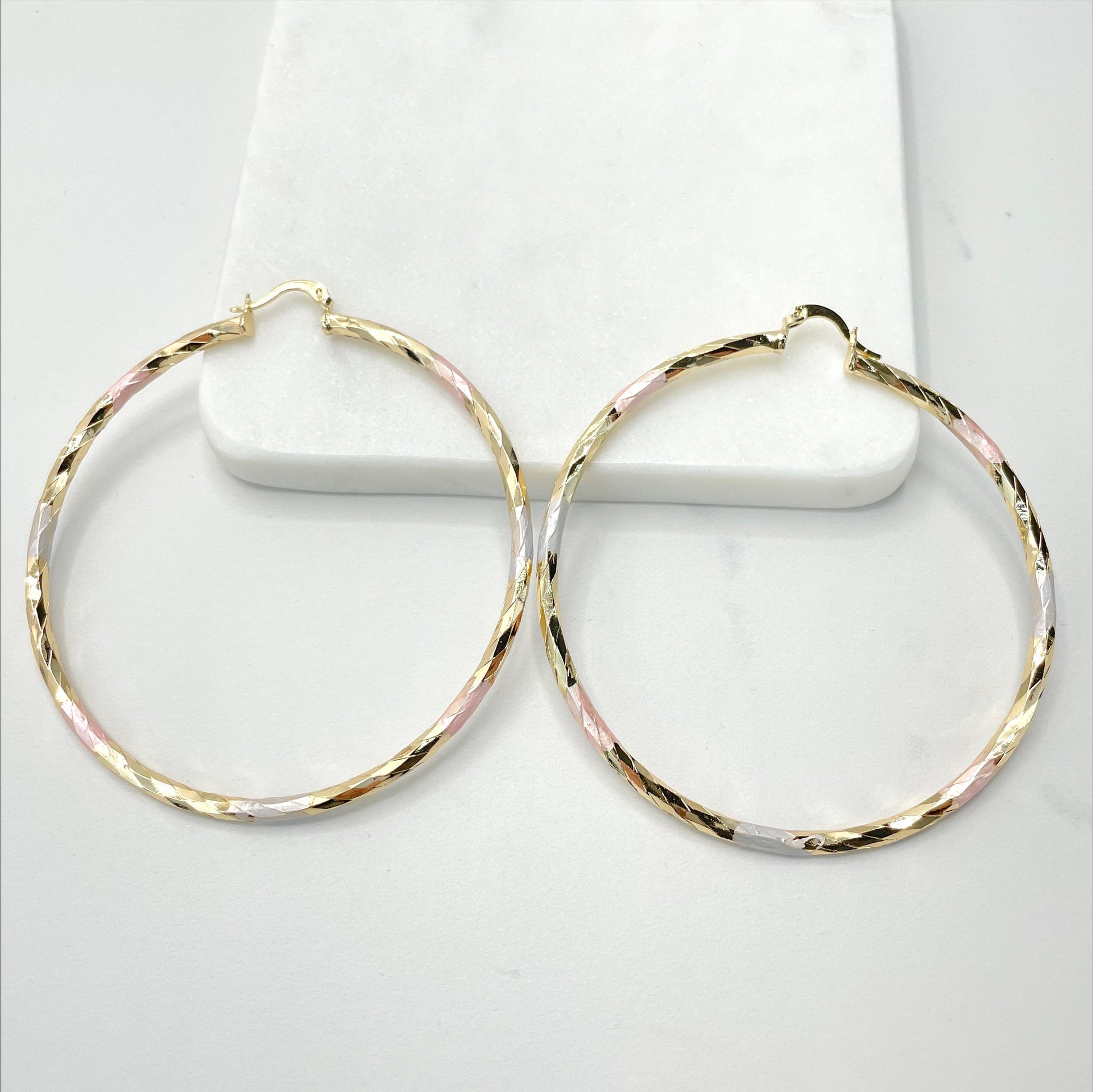 18k Gold Filled Three Tone 60mm or 70mm Hoops Earrings, 3mm Thickness Wholesale Jewelry Making Supplies