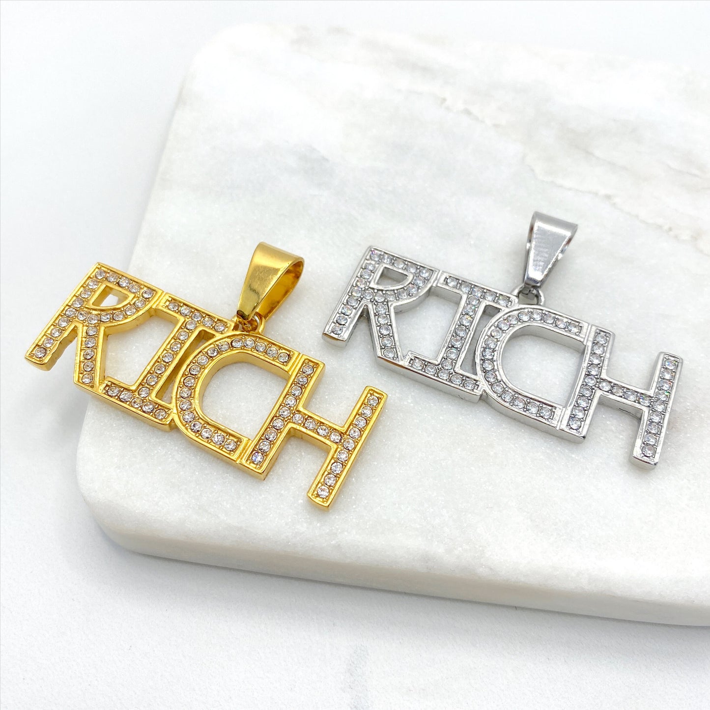 Stainless Steal with Clear Cubic Zirconia ''Rich'' Word Letter Charms Pendant, Gold or Silver, Wholesale Jewelry Making Supplies