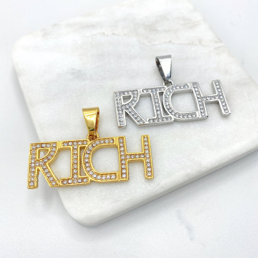 Stainless Steal with Clear Cubic Zirconia ''Rich'' Word Letter Charms Pendant, Gold or Silver, Wholesale Jewelry Making Supplies