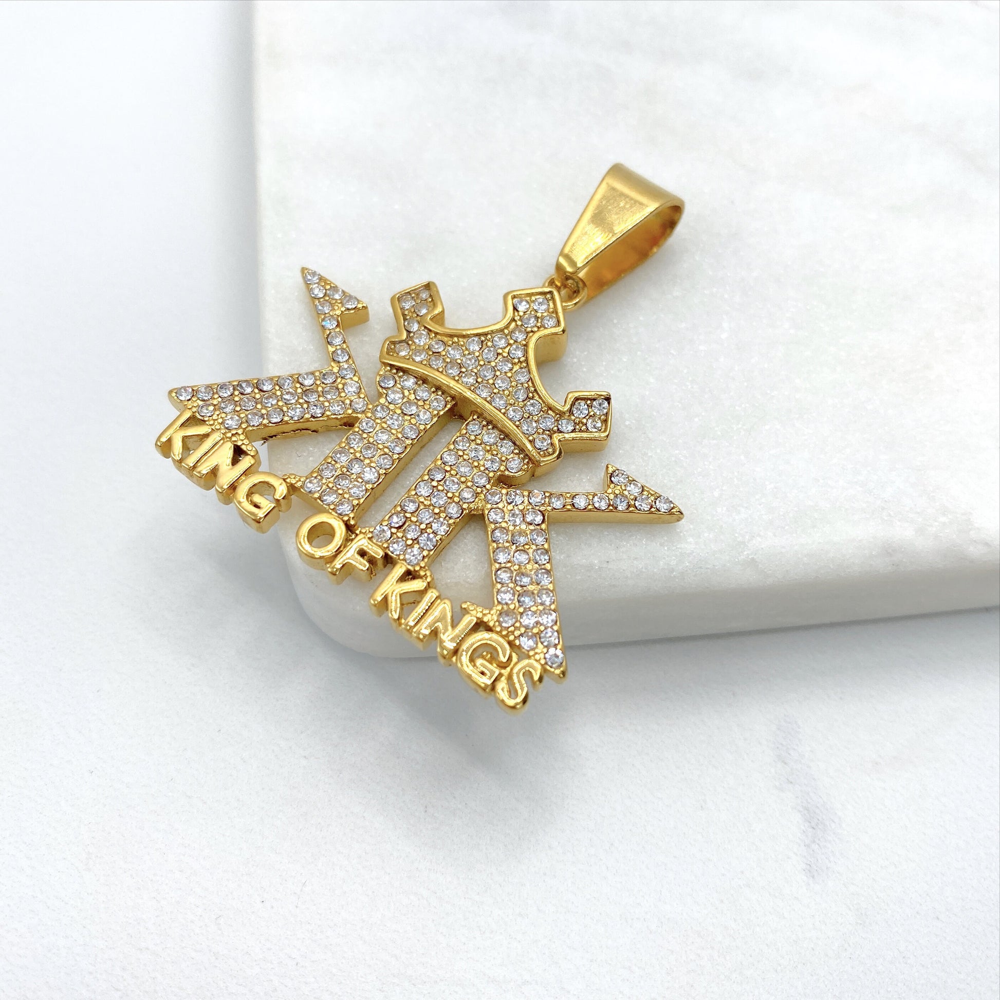 Stainless Steal, Cubic Zirconia ''King of Kings'' KK Charms Pendant, Gold or Silver, Wholesale Jewelry Making Supplies