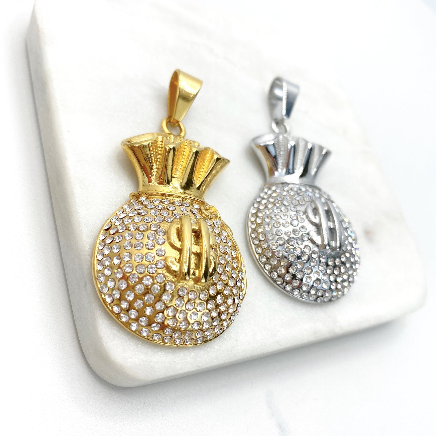 Stainless Steal, Cubic Zirconia ''Bag of Money'' Charms Pendant, Gold or Silver, Wholesale Jewelry Making Supplies