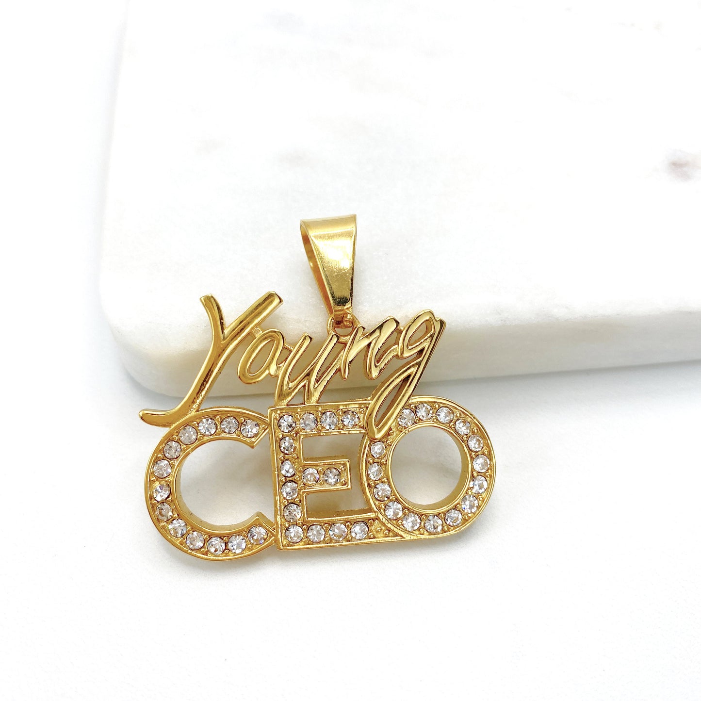Stainless Steal, Cubic Zirconia ''Young CEO'' Charms Pendant, Gold or Silver, Wholesale Jewelry Making Supplies