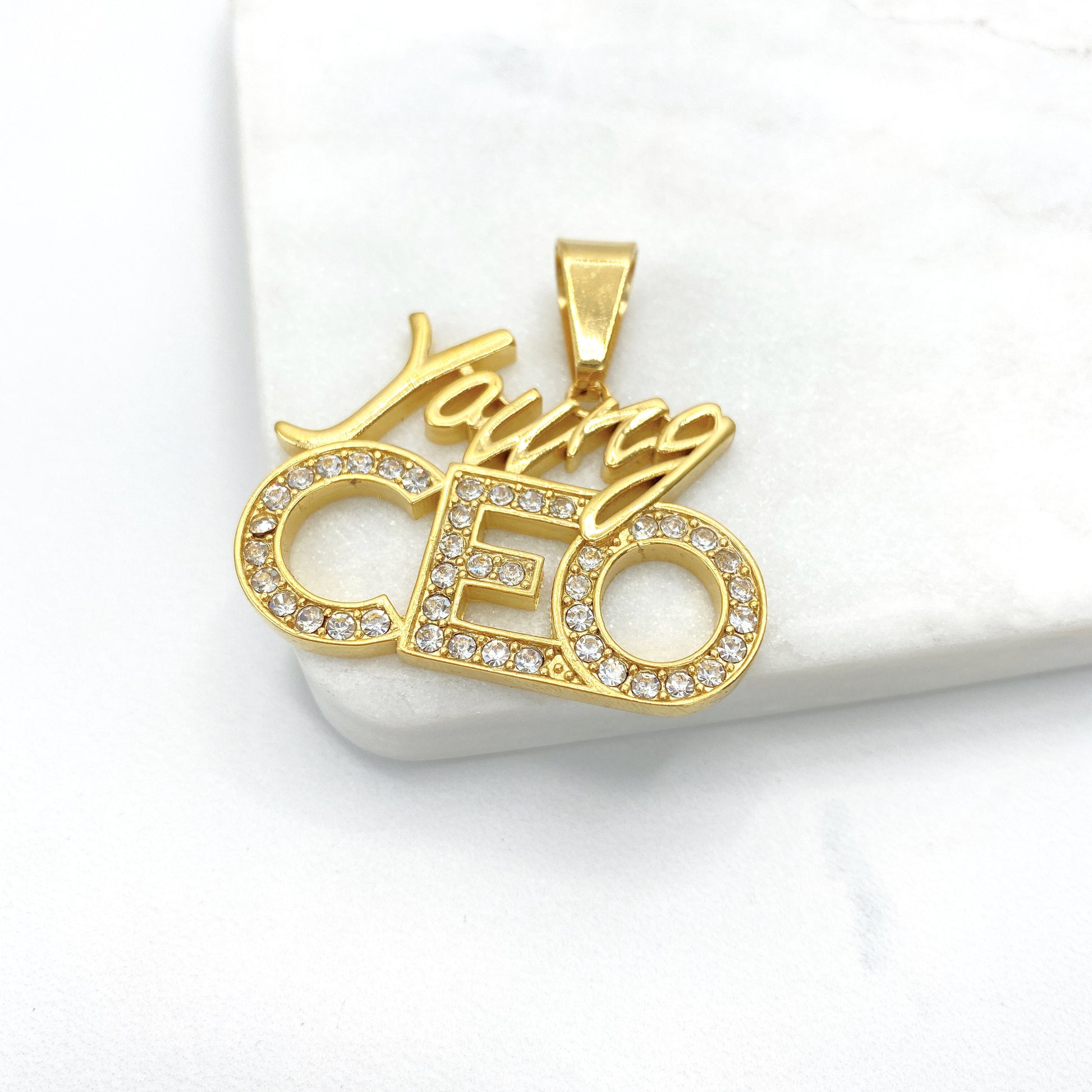 Stainless Steal, Cubic Zirconia ''Young CEO'' Charms Pendant, Gold or Silver, Wholesale Jewelry Making Supplies