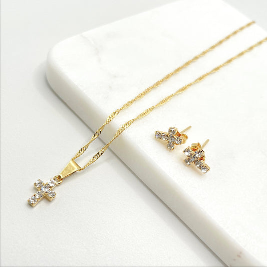 18k Gold Filled 1mm Singapore Necklace with Cubic Zirconia Cross Charms, Necklace and Earrings Set, Wholesale Jewelry Making Supplies