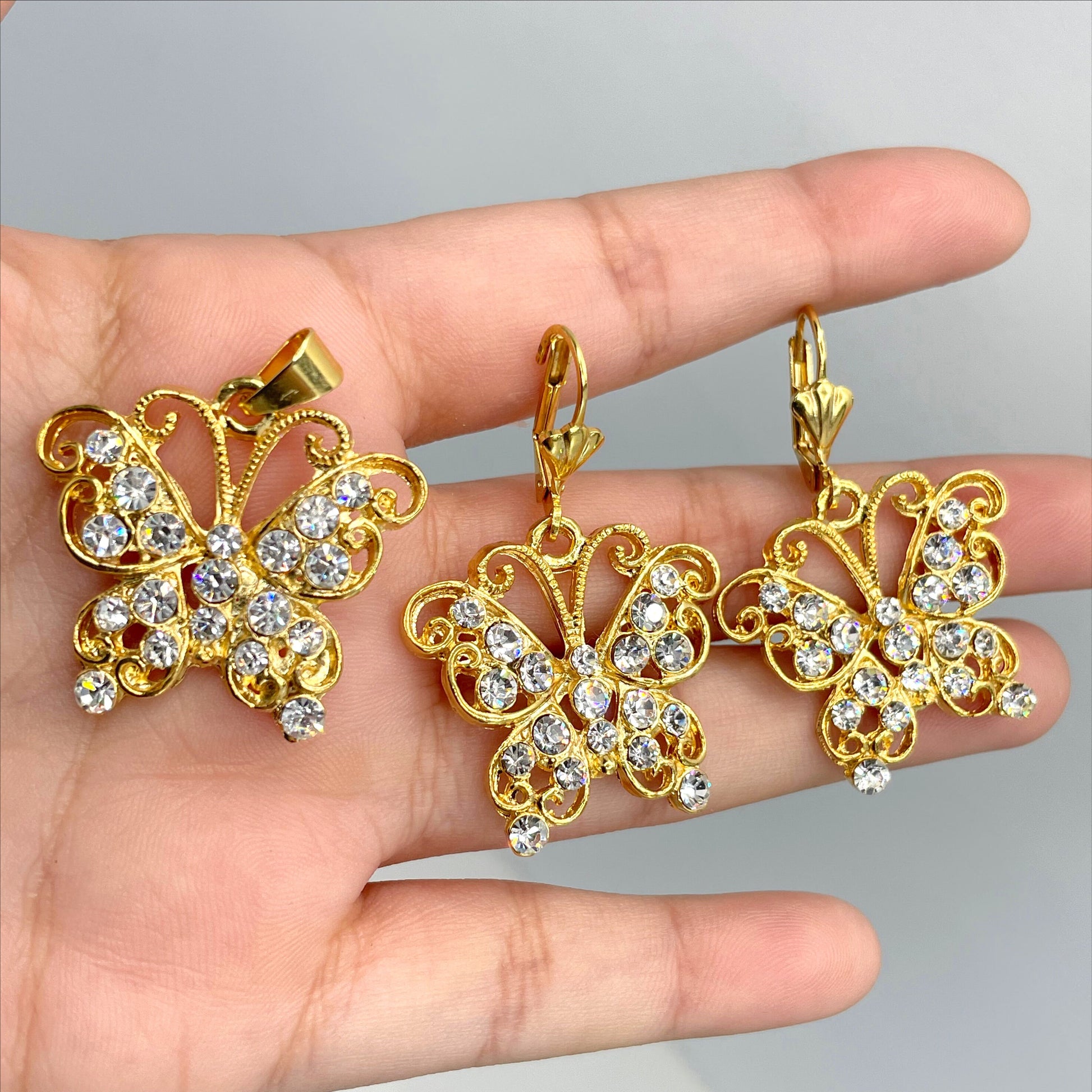 18k Gold Filled Clear Cubic Zirconia Cutout Butterflies Pendant and Earrings Set, Wholesale Jewelry Making Supplies