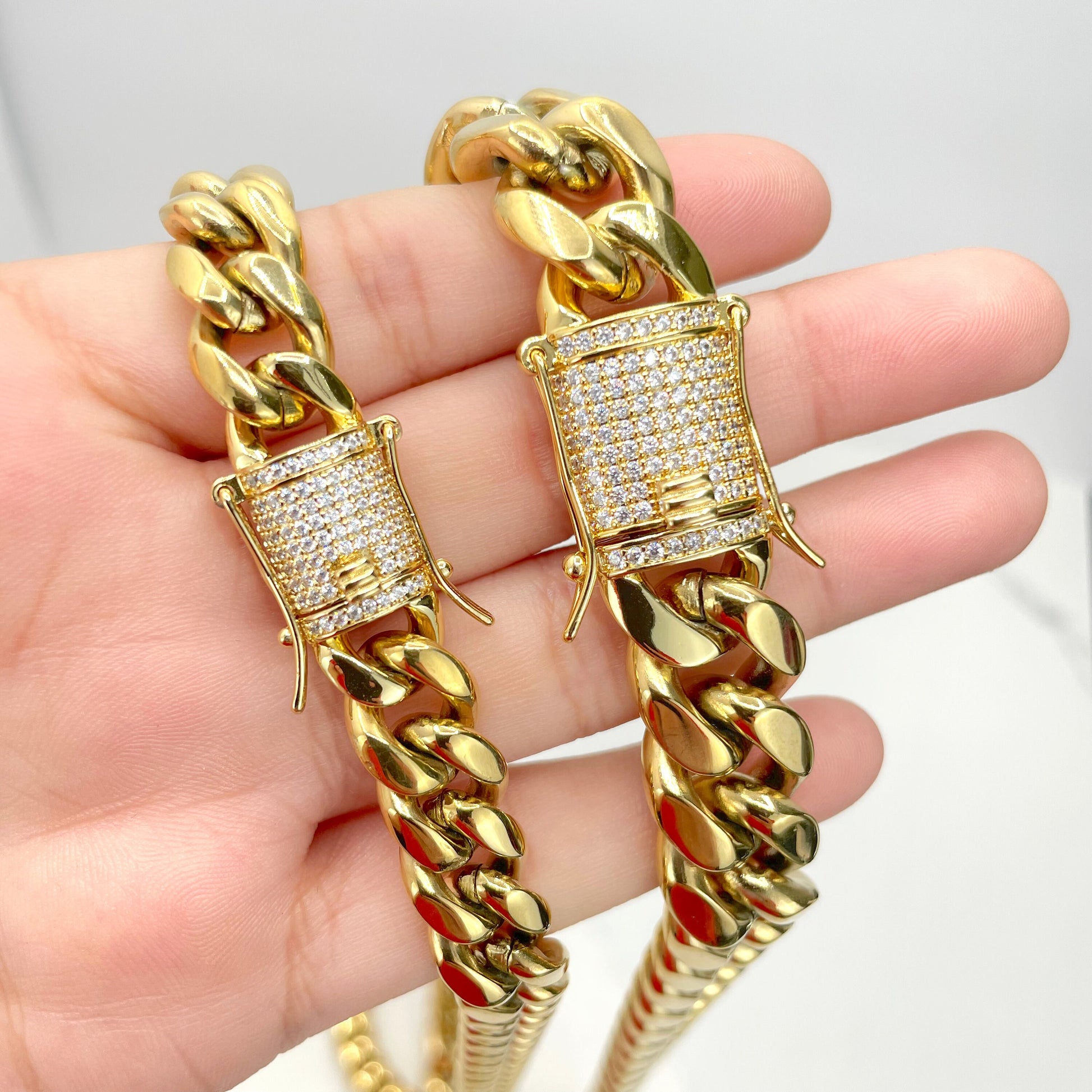 14k Gold Filled Miami Cuban Link 14mm or 10mm Unisex Chain Featuring Micro Pave Cubic Zirconia Double Safe Box Lock Clasp, Wholesale Jewelry