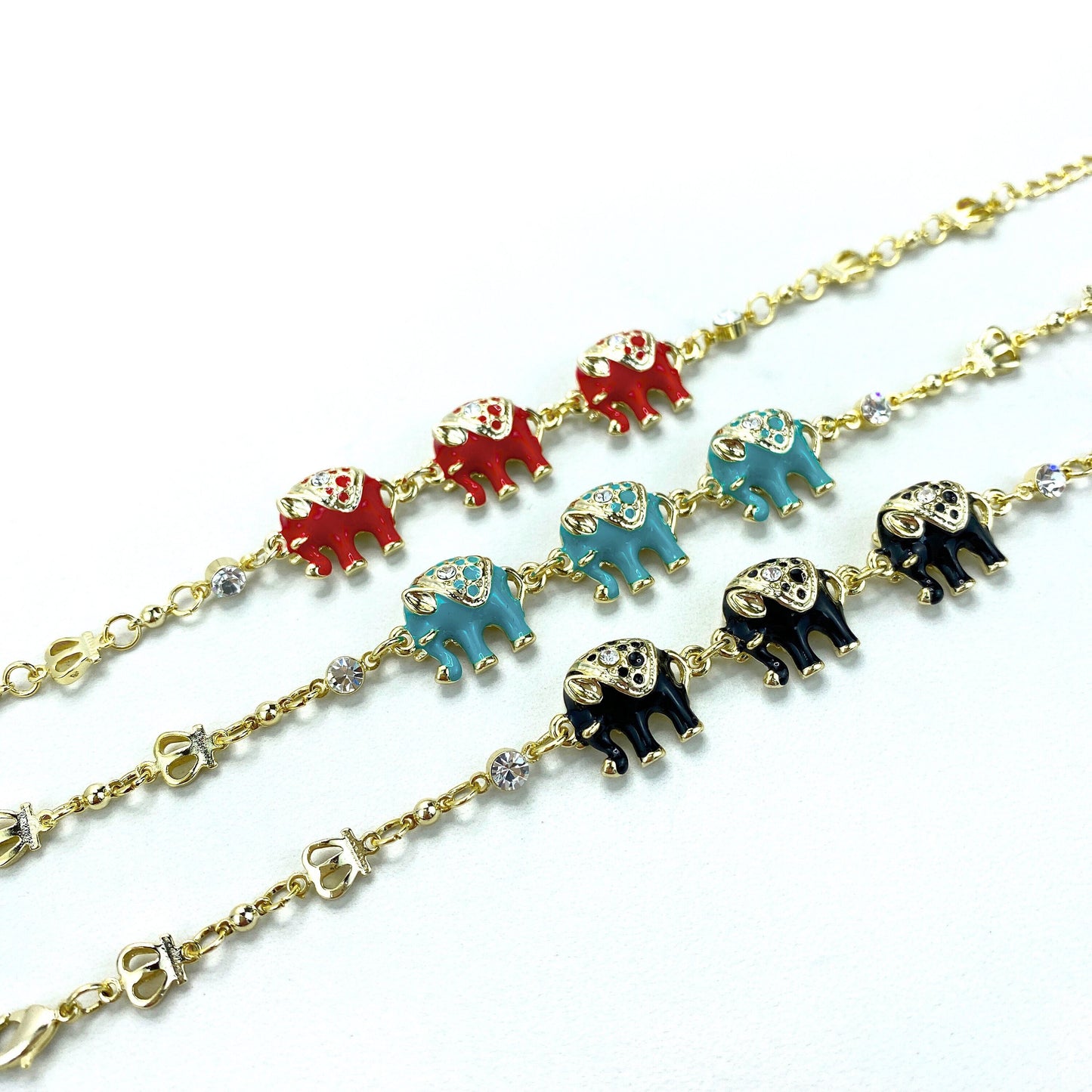 18k Gold Filled Cubic Zirconia and Mini Crown Details and Elephants Charm in Red, Blue or Black Bracelet Wholesale Jewelry Supplies