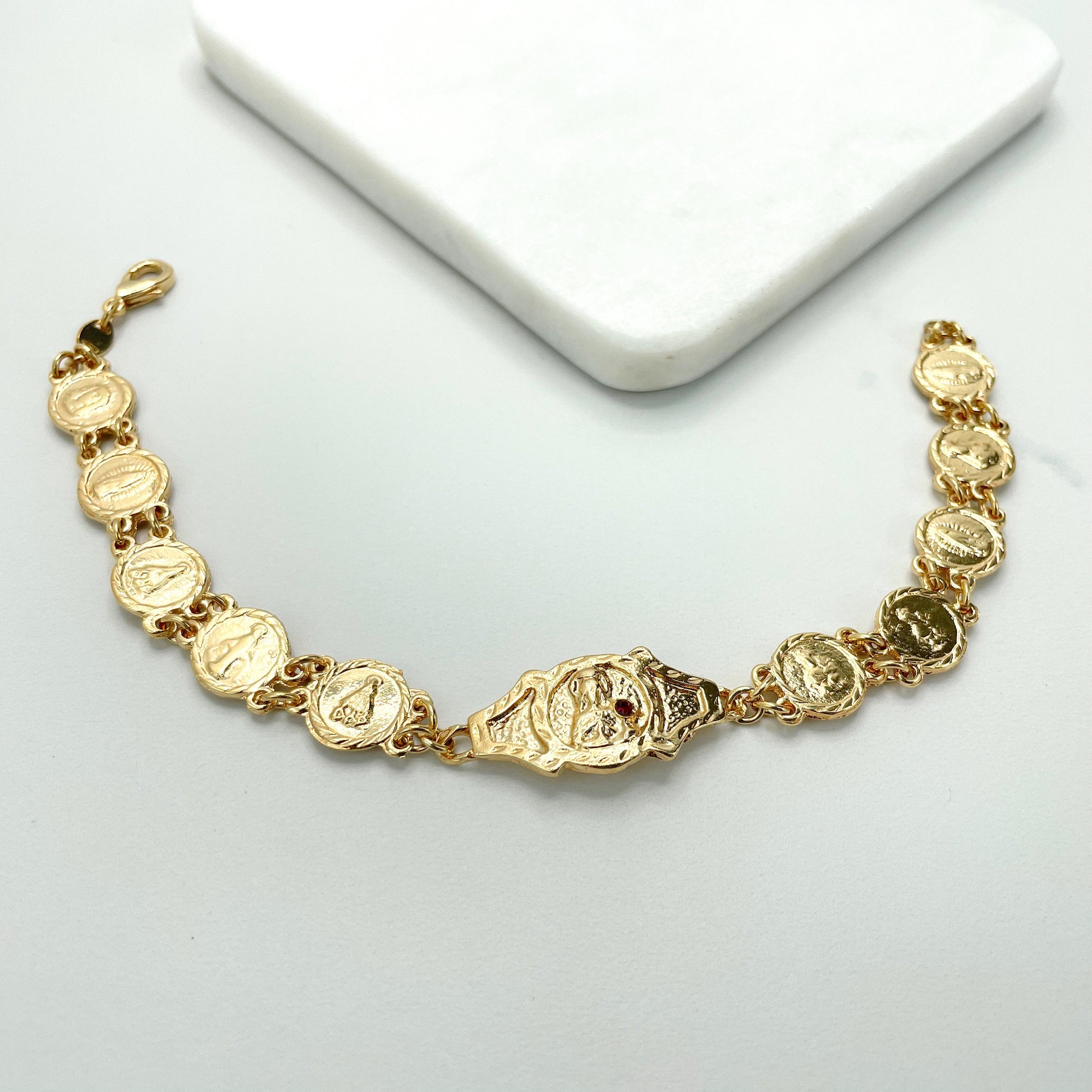 18k Gold Filled Red CZ Detail, Virgen de Guadalupe, Santa Barbara, Virgen Milagrosa, Religious  Bracelet, Wholesale Jewelry Making Supplies