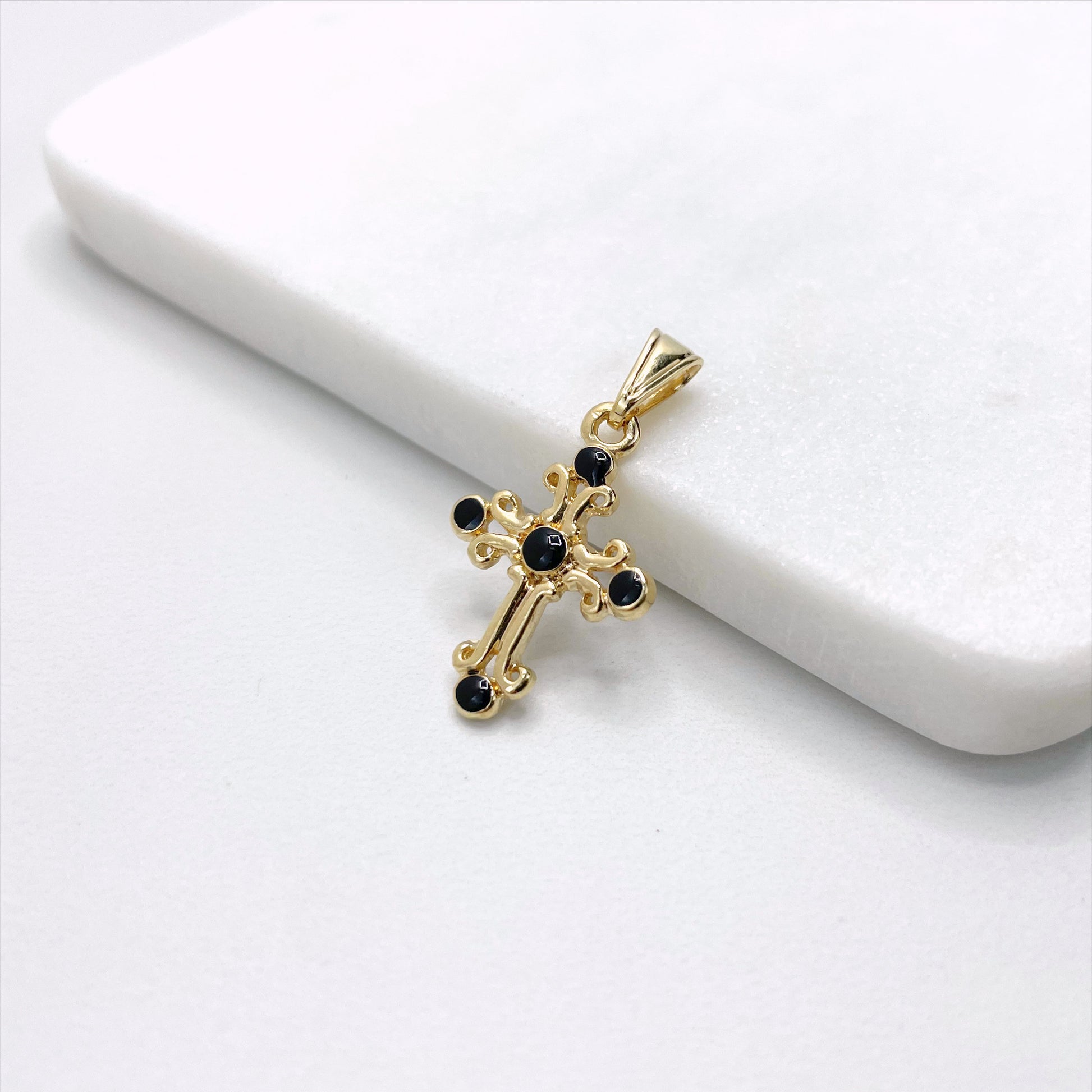 Stylish 18k Gold Filled Cross 1.2 inches with Black Beads Details Charms Pendant, Religious Jewelry, Wholesale Jewelry Making Supplies