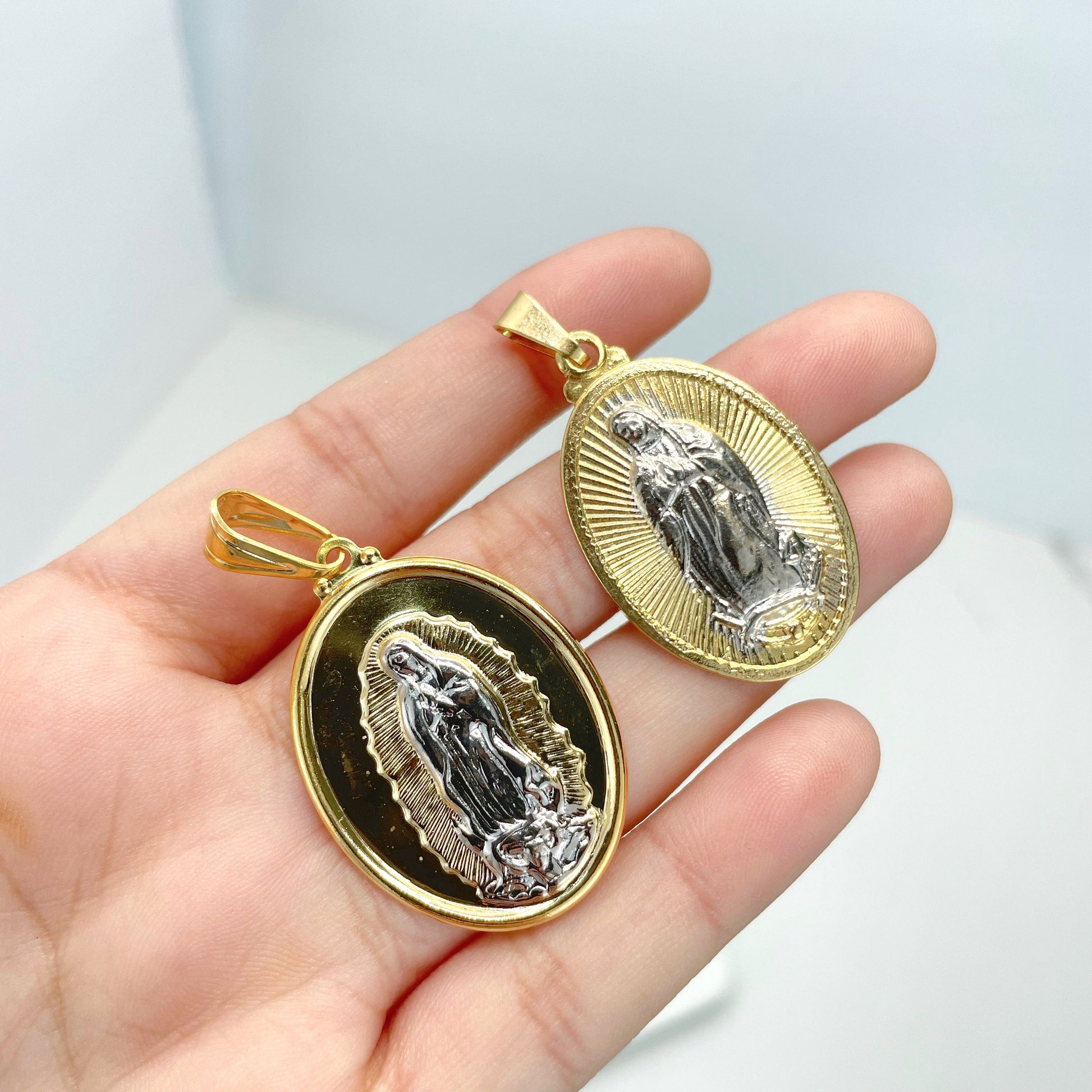 18k Gold Filled Our Lady of Guadalupe (Virgen de Guadalupe) Two Tone, Plain or Texturized Charms Pendant Wholesale Jewelry Making Supplies