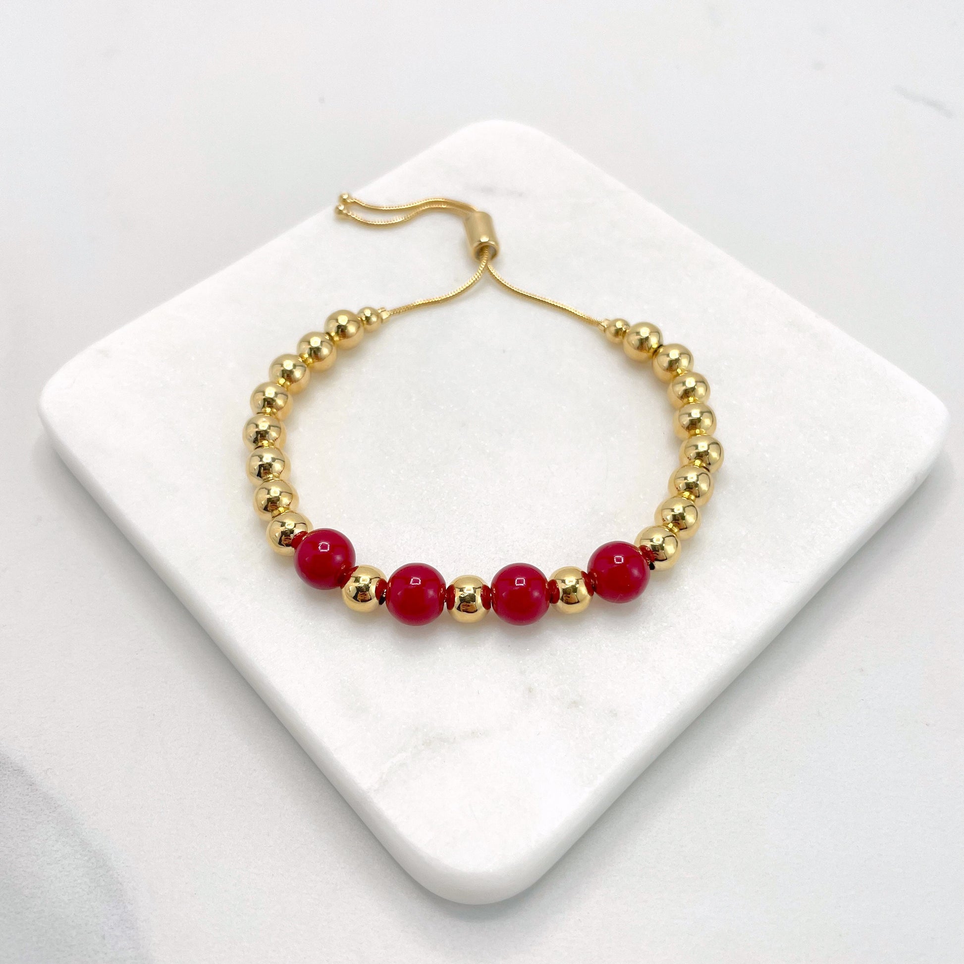 18k Gold Filled 1mm Box Chain Bracelet Adjustable Slide Clasp Featuring Red Ball, Wholesale Jewelry Making Supplies